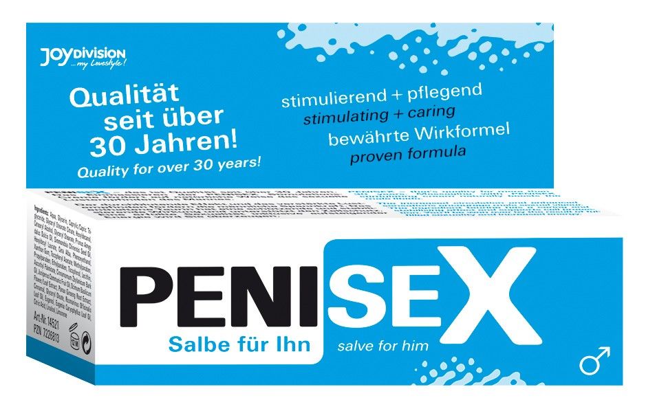 Karton PENISEX Salbe für ihn. Blaue und weiße Verpackung. Text: Qualität seit über 30 Jahren, stimulierend + pflegend, bewährte Wirkformel.