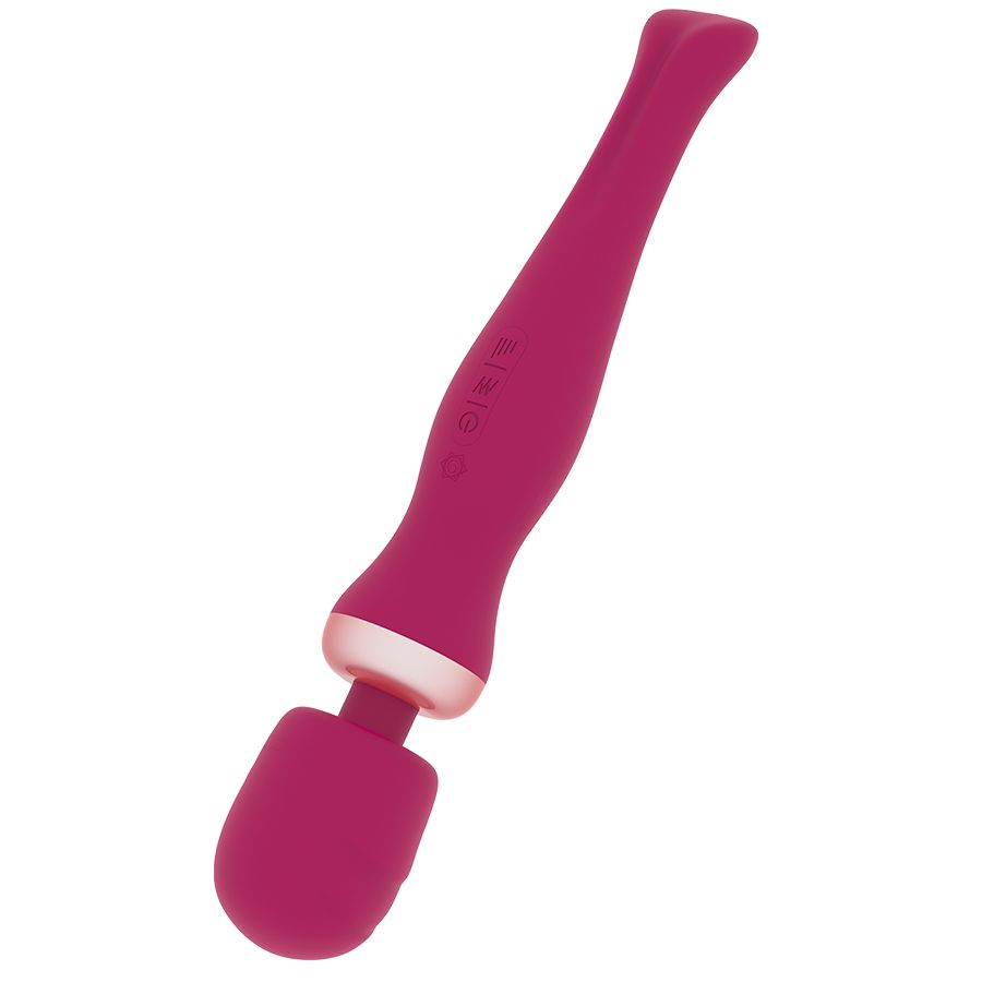 Rosa Wand-Vibrator. Ergonomischer Griff, runde Spitze, silberfarbener Ring. Bedienknöpfe sichtbar.