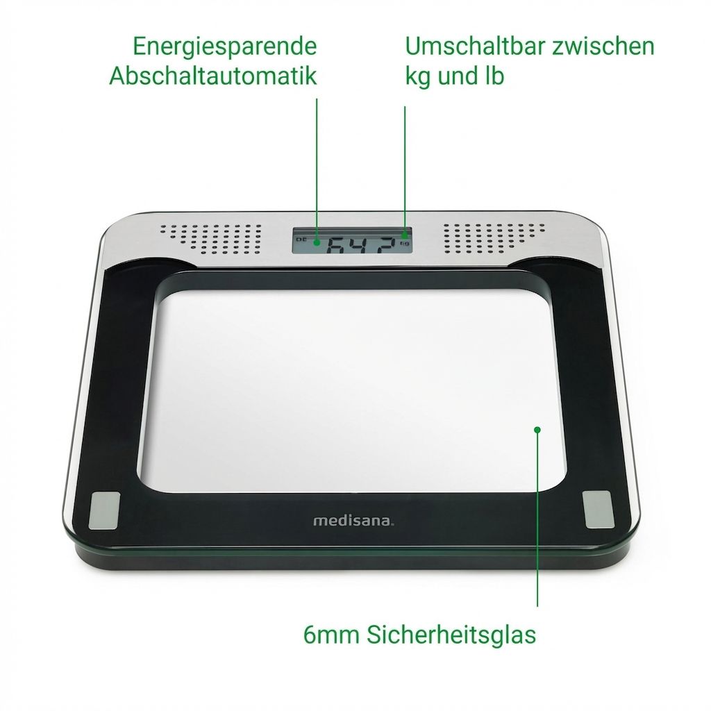 Sprechende Personenwaage: Energiespar-Abschaltautomatik, umschaltbar kg/lb, 6mm Sicherheitsglas.