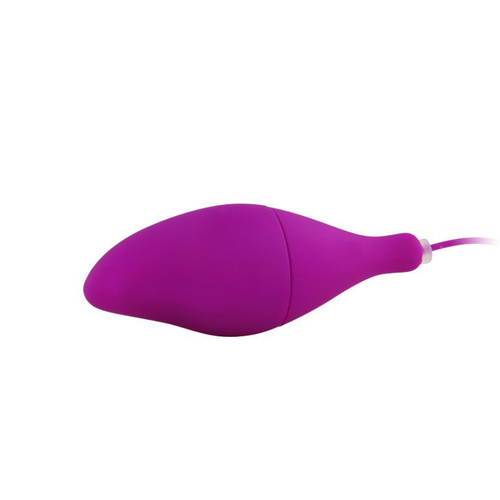 Lila Vibrator mit Schnur. Die Form ist länglich und verjüngt sich zu einem Ende.