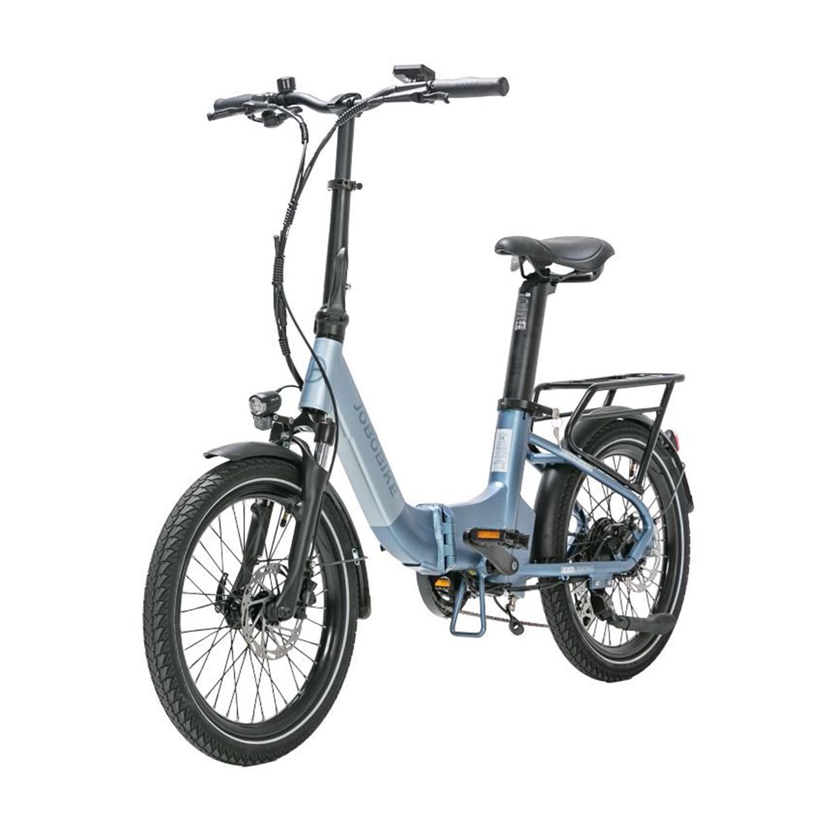 JOBOBIKE Ace Pro E-Bike, hellgrau. Schwarze Reifen, Gepäckträger, Sattel und Lenker. JOBOBIKE-Schriftzug.