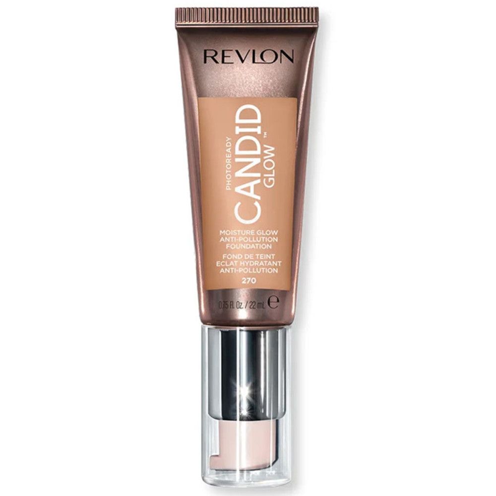 Revlon PhotoReady Candid Glow Foundation. Tube mit Produkt. Text: Candid Glow, Anti-Verschmutzung.