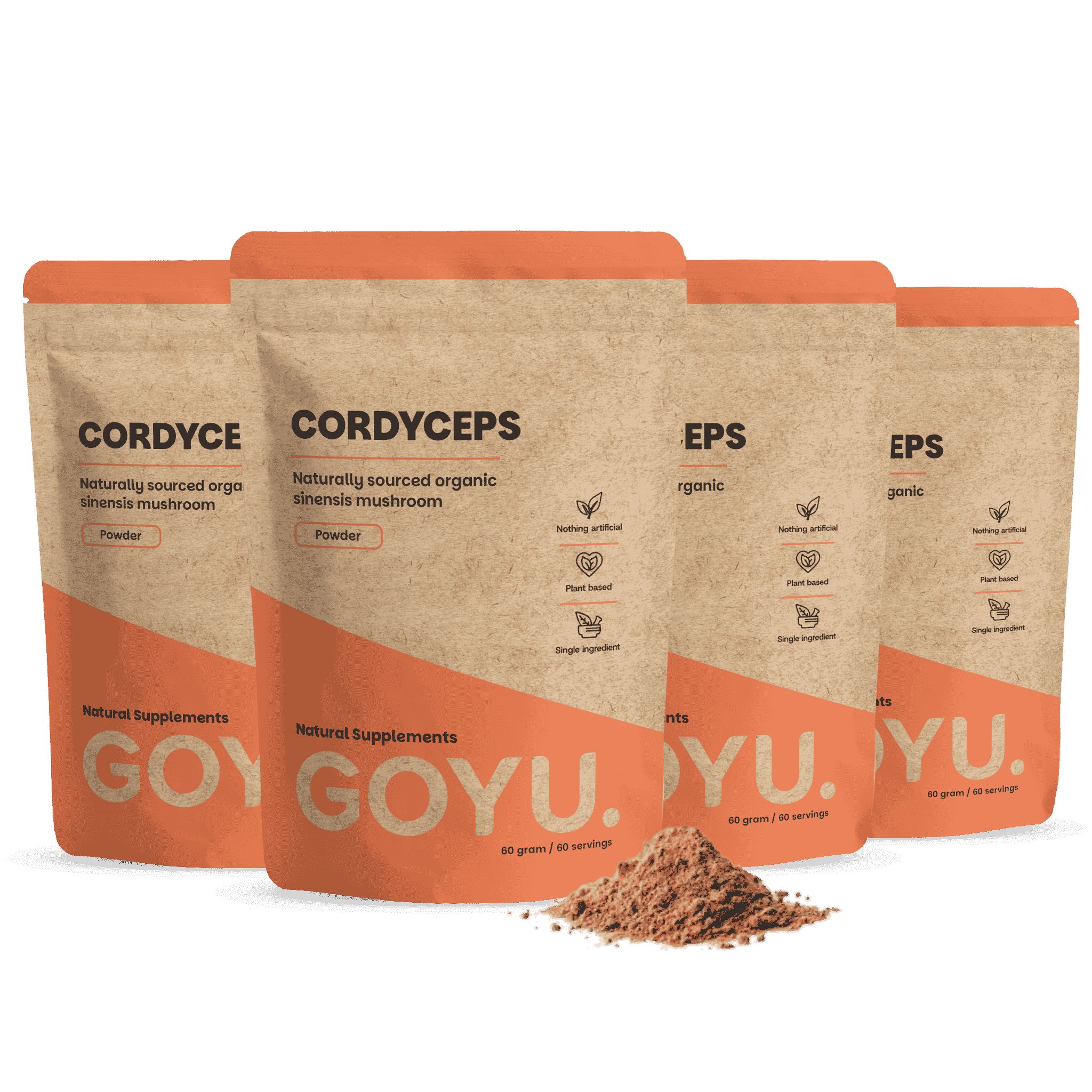 Vier Packungen GOYU Cordyceps Pulver, eine Packung geöffnet, ein Haufen Pulver daneben.