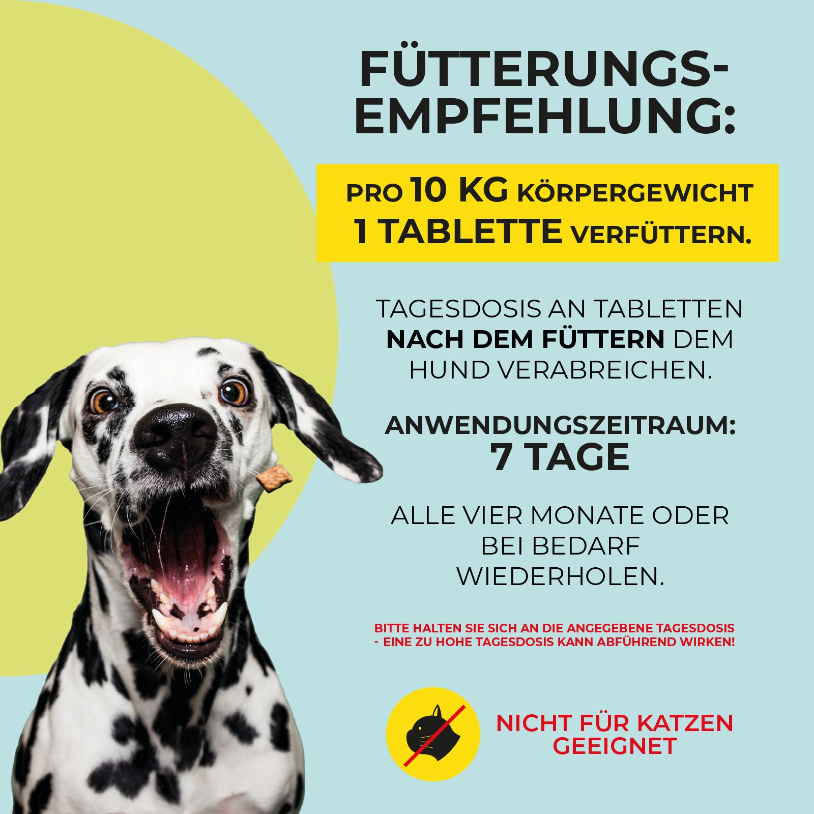 Anwendungshinweis für "Wormilen Forte". Dosierung: 1 Tablette pro 10 kg Körpergewicht. Nicht für Katzen geeignet.