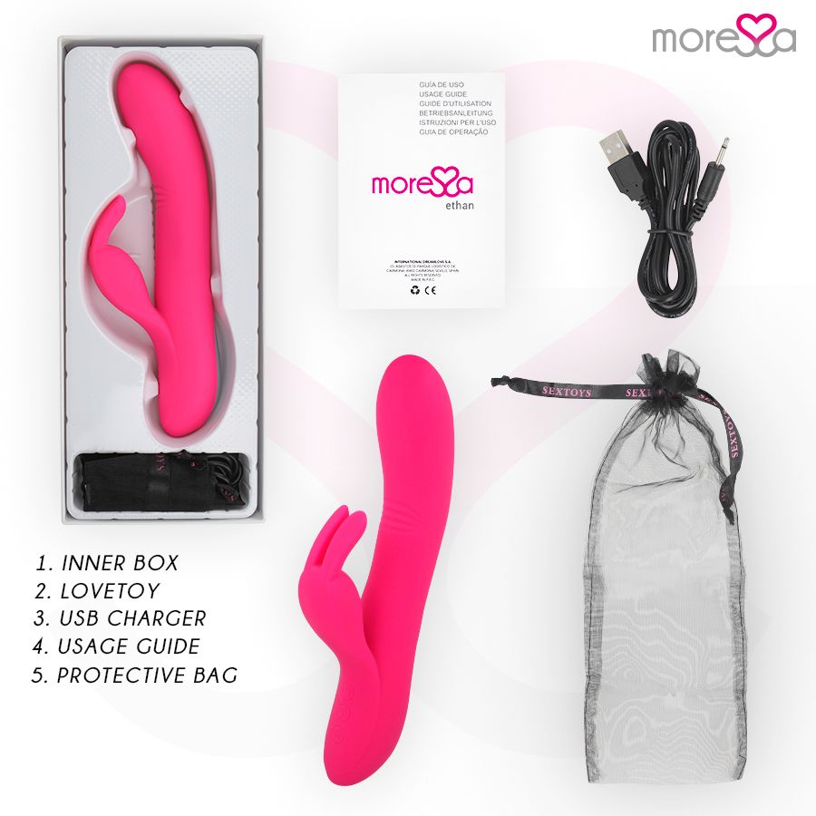 Produkt-Set mit rosa Silikon-Produkt, USB-Kabel, Gebrauchsanweisung und Aufbewahrungsbeutel. Logo "Moressa".
