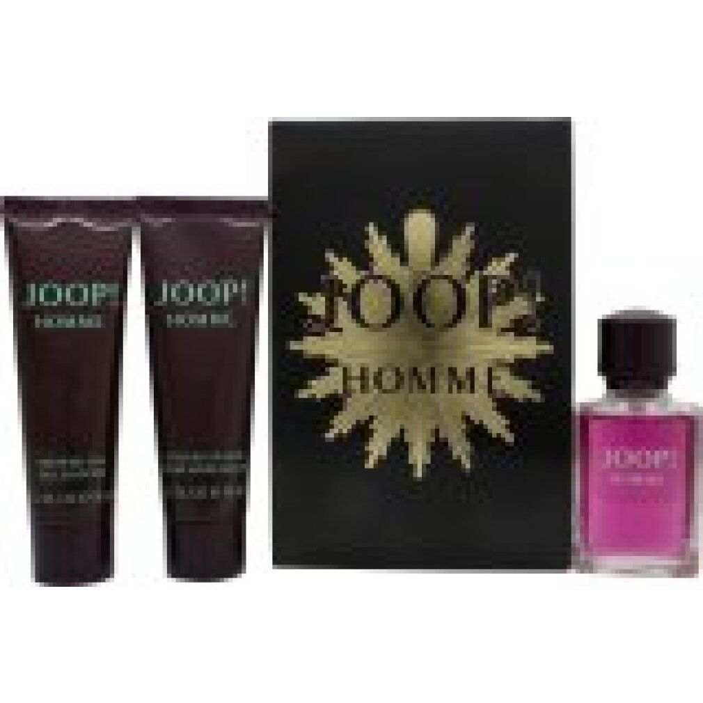 Geschenkset Joop! Homme. Schwarze Verpackung mit goldenem Logo. Zwei Tuben, eine Flasche.