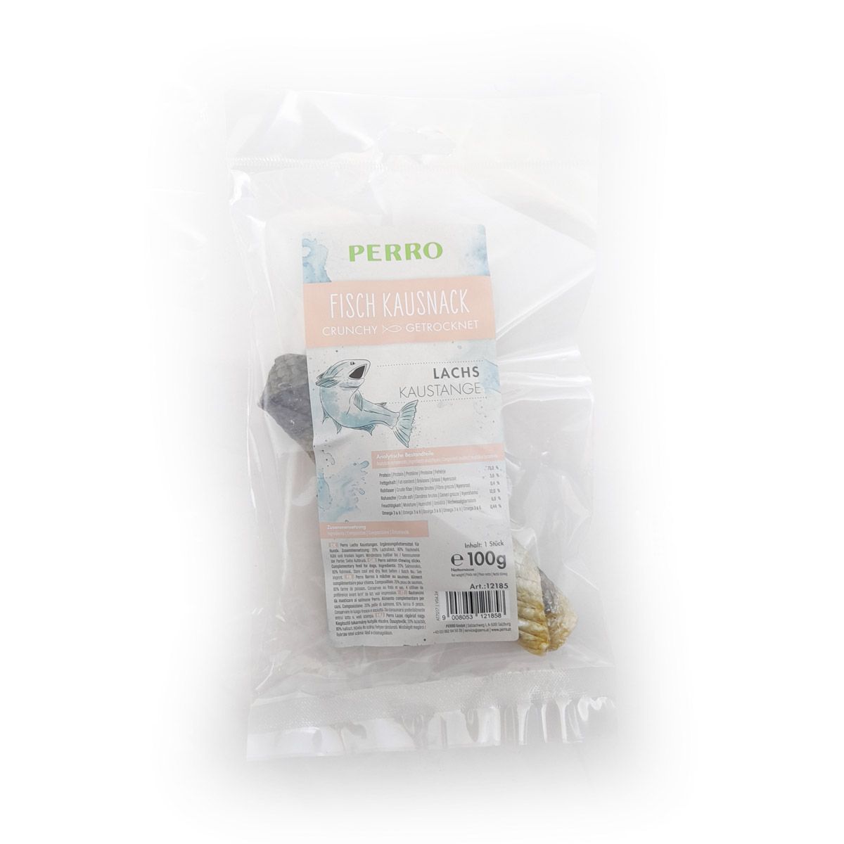 Verpackung mit Fisch Kausnack. Aufdruck: PERRO, FISCH KAUSNACK, LACHS KAUSTANGE. Enthält 100g.