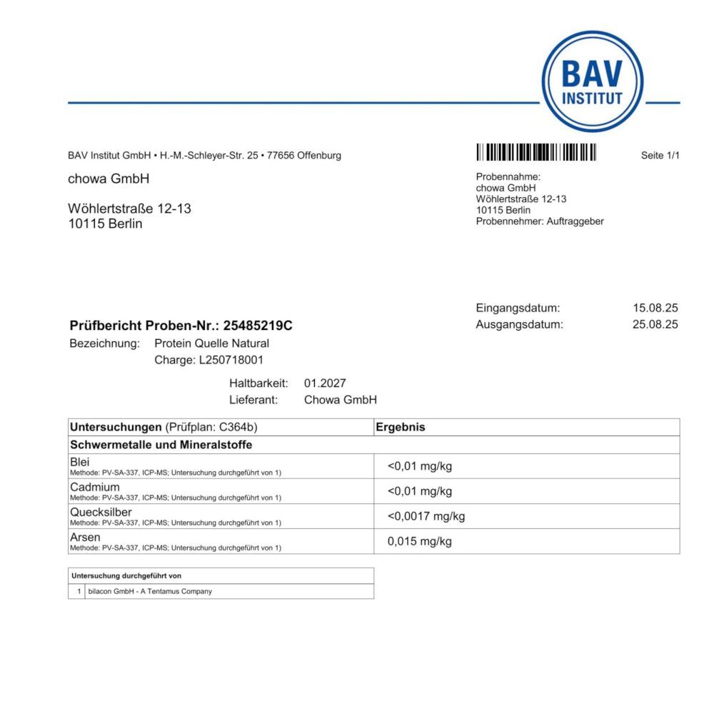 Prüfbericht des BAV Instituts für Protein Quelle Natural. Ergebnisse für Schwermetalle und Mineralstoffe.