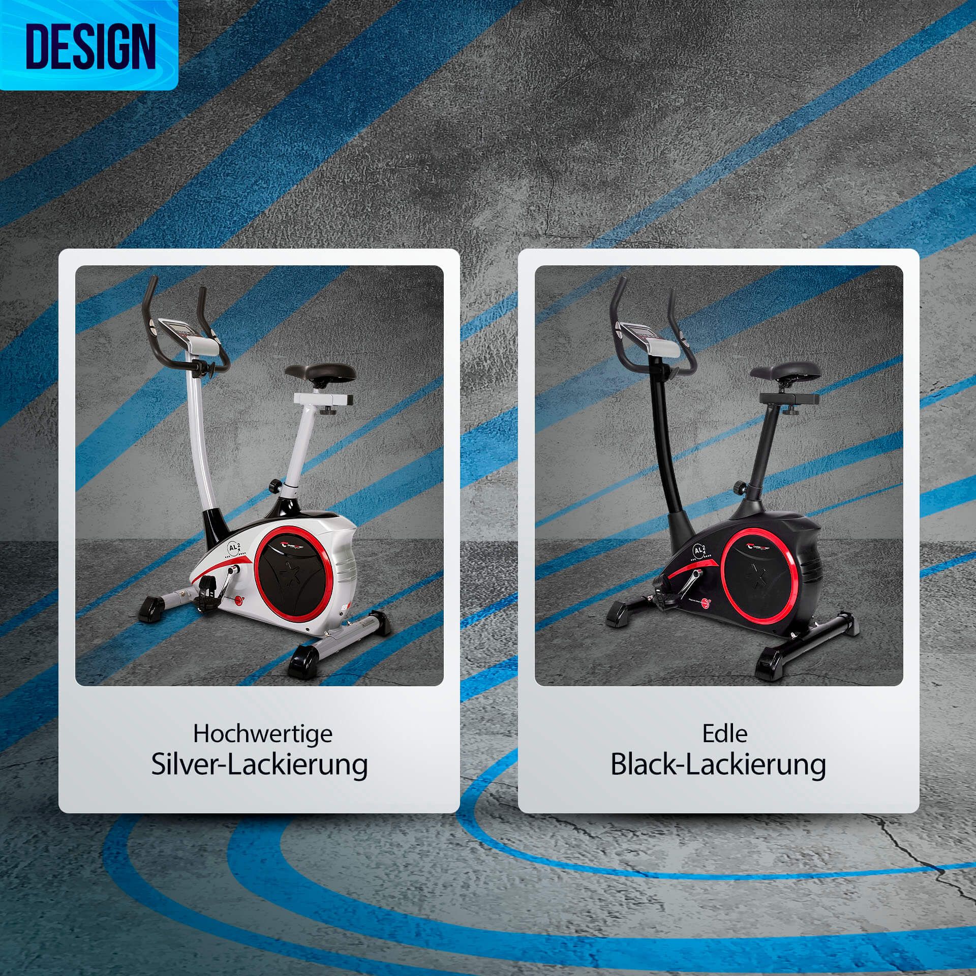 Zwei Ergometer-Modelle: Silber und Schwarz. Hochwertige Silber-Lackierung und edle Black-Lackierung. Beide Modelle im Design identisch.