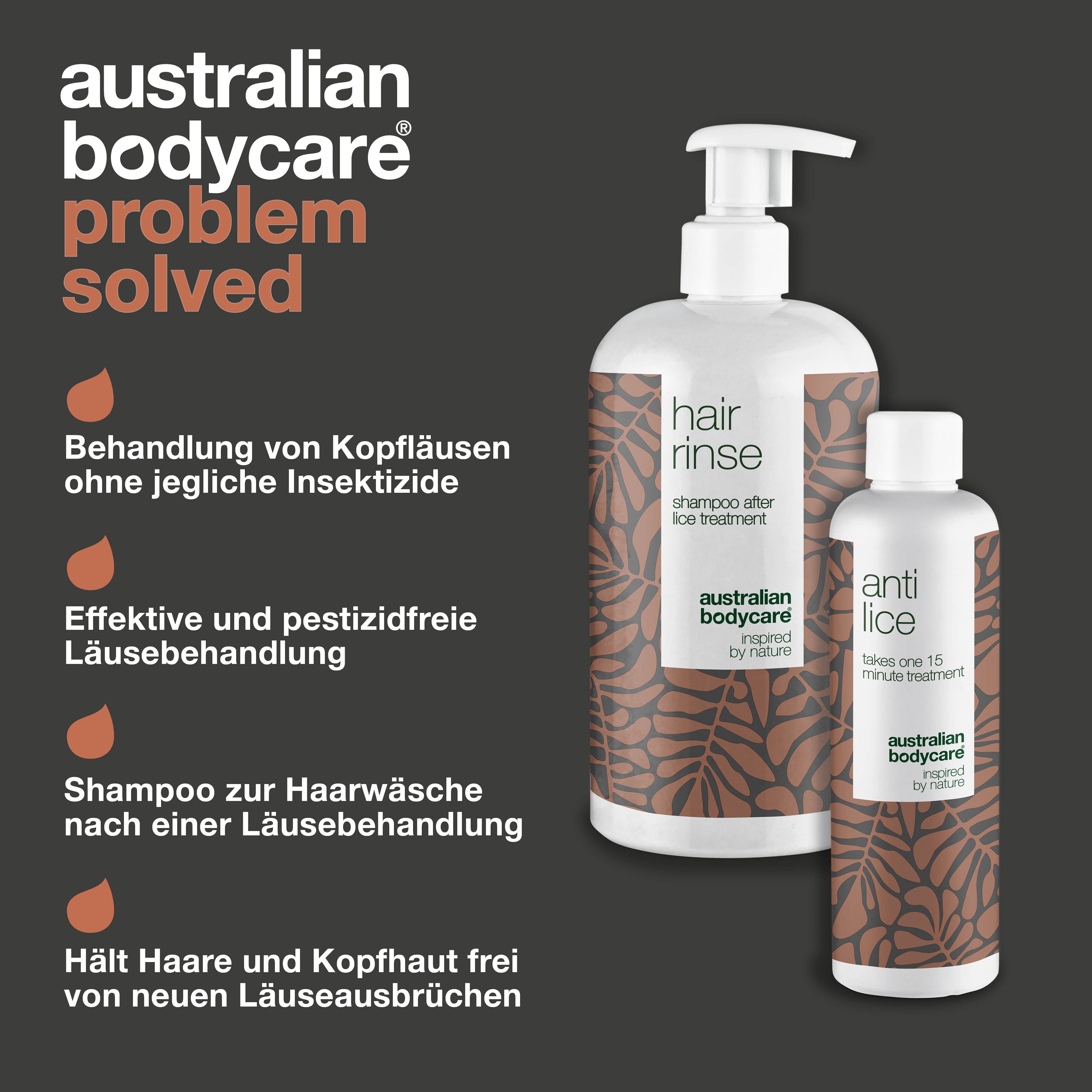 Zwei Flaschen: „hair rinse“ und „anti lice“. Marke: Australian Bodycare. Text: „Problem solved“.