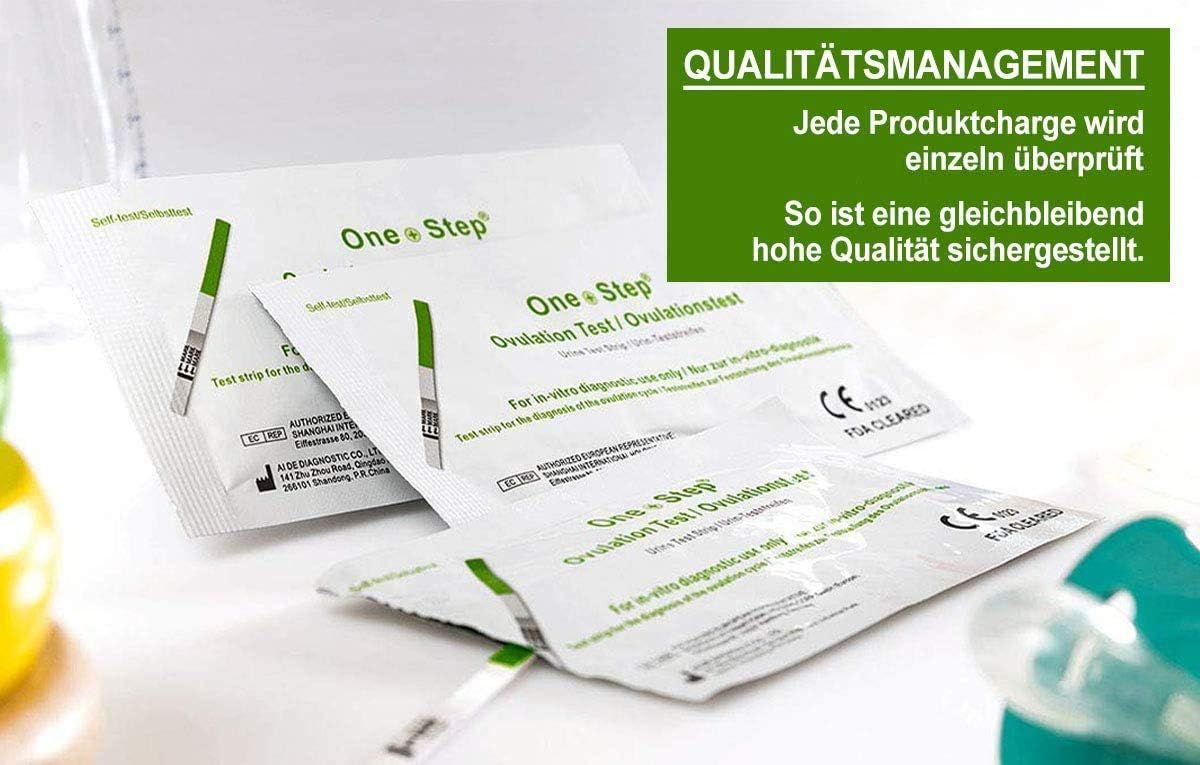 Mehrere Ovulationstest-Verpackungen und Streifen. Text: Qualitätsmanagement. Jede Charge wird einzeln überprüft.