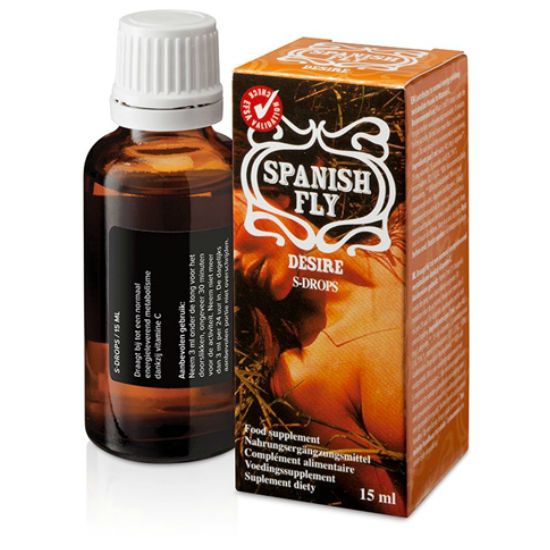 Braune Glasflasche und Schachtel mit Aufschrift "Spanish Fly Desire". 15 ml.