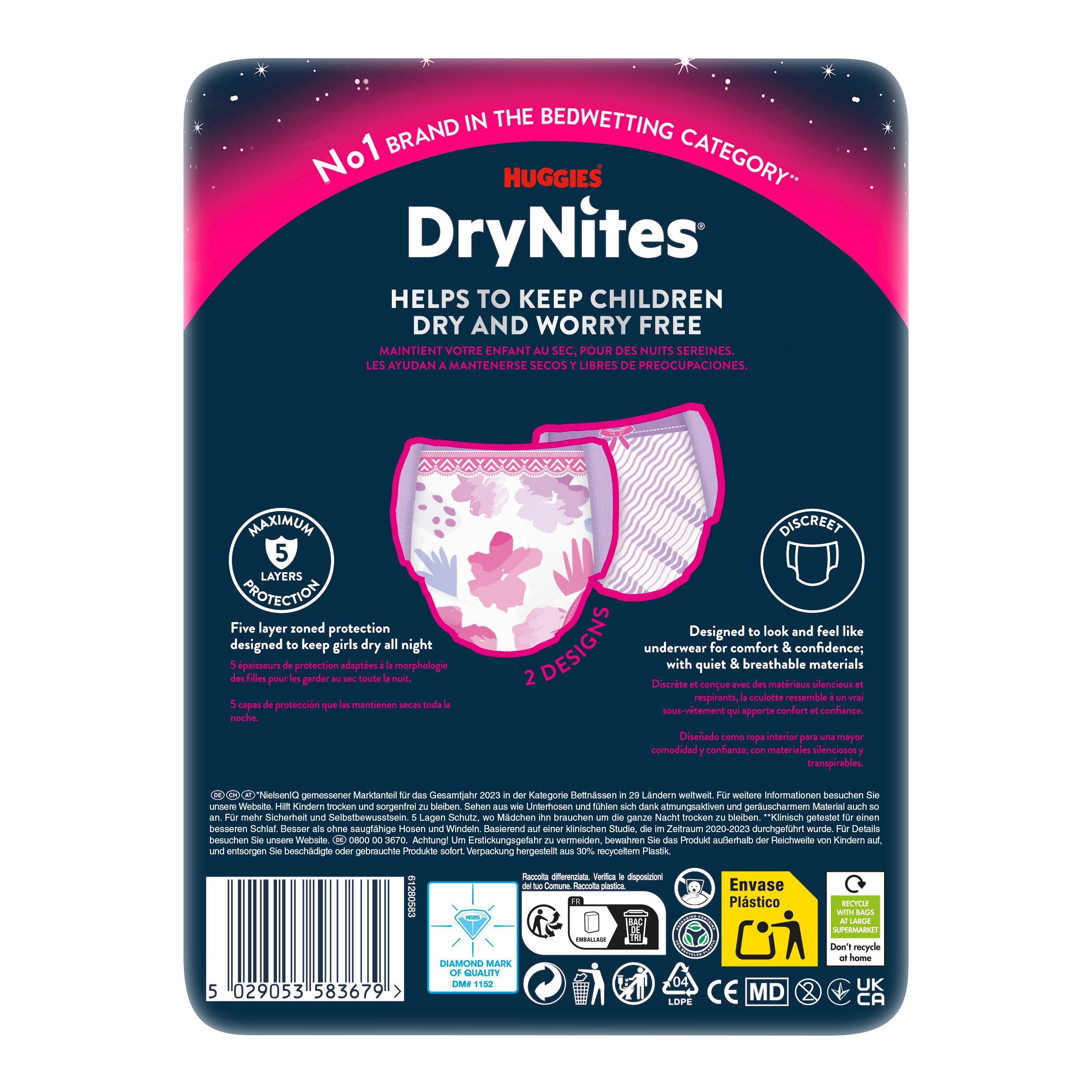 Rückseite der DryNites Pyjama Pants Teen Packung. Zeigt zwei Windeln, 5-Schicht-Schutz, diskret. Text: Hilft Kindern trocken zu bleiben.