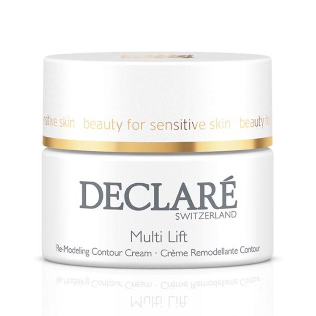 Weißer Tiegel mit goldfarbenem Rand. Aufschrift: DECLARÉ, Multi Lift, Re-Modeling Contour Cream.