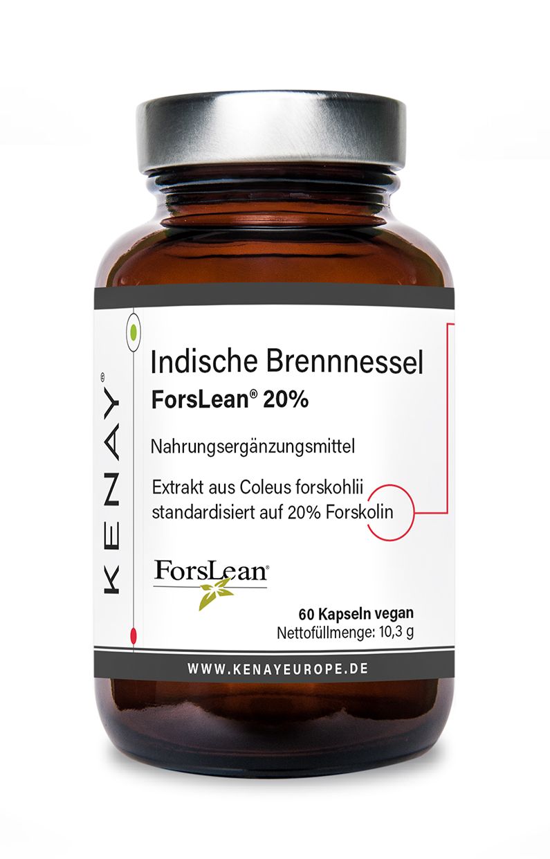 Braune Glasflasche mit Kapseln. Etikett mit Produktnamen, Marke KENAY®, ForsLean® 20%, und Inhaltsangaben.
