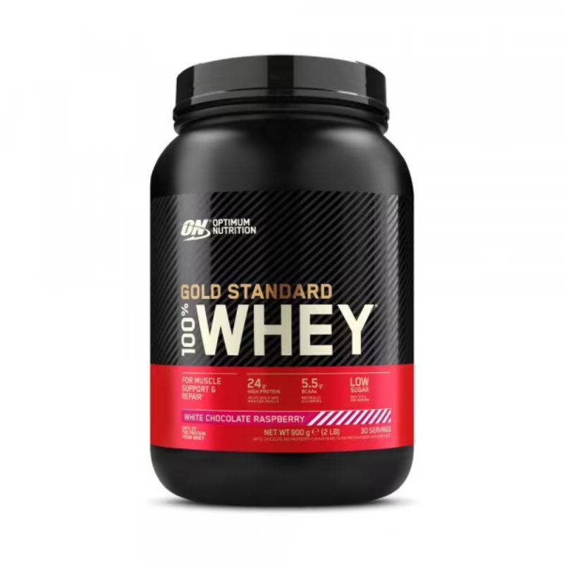 Schwarze Dose mit Gold Standard Whey. Roter Streifen mit Text. Optimum Nutrition Logo. "White Chocolate Raspberry" Text.