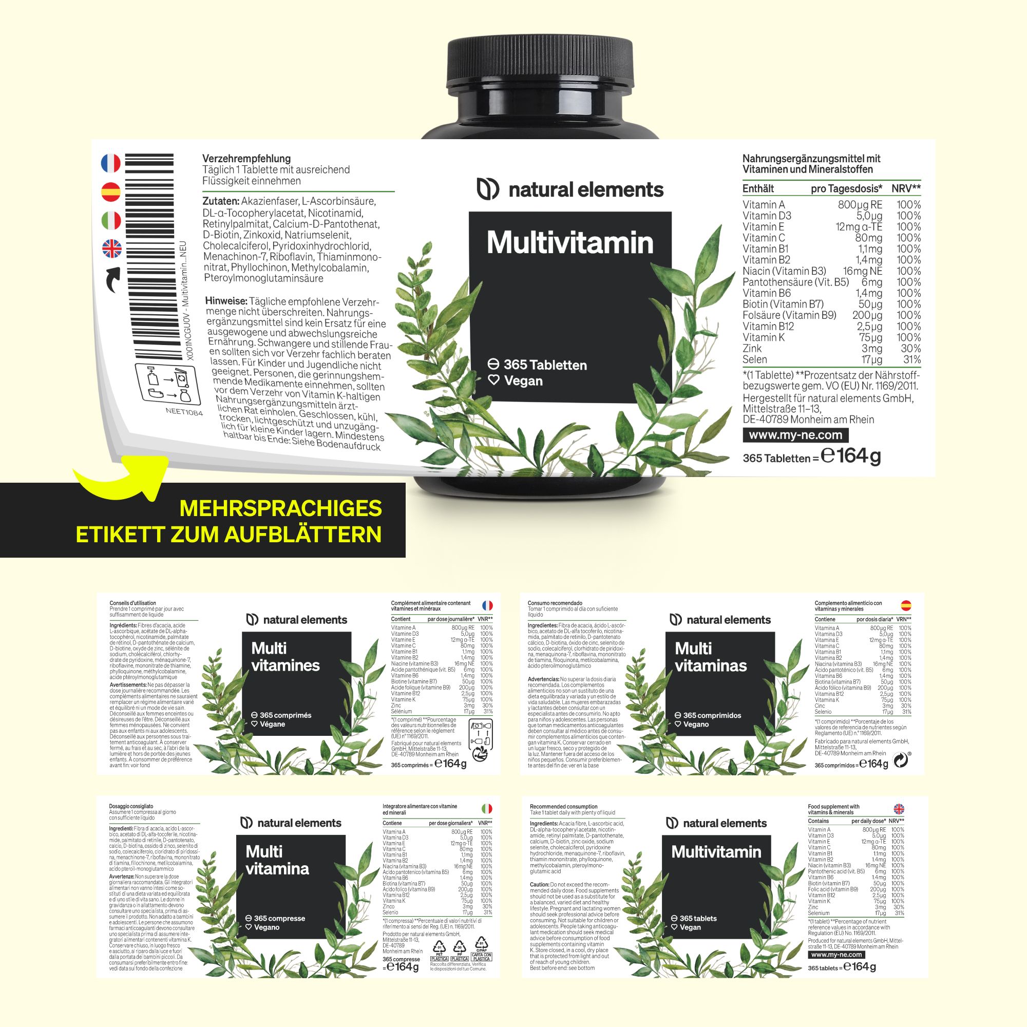 Flaschenetikett mit mehrsprachigen Informationen. Aufschrift: natural elements Multivitamin. Mehrere Sprachen, darunter Deutsch, Französisch, Italienisch.