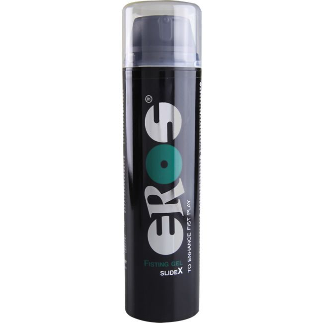 Schwarze Flasche mit weißem "EROS"-Logo und grünem Kreis. "Fisting Gel Slide X" Text. Transparenter Deckel.