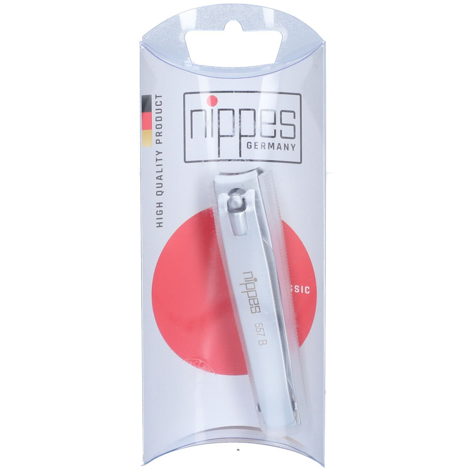 Nagelknipser in Blisterverpackung. Weißer Knipser mit Nagelfang. Marke Nippes Germany. Roter Kreis und Text auf Verpackung.