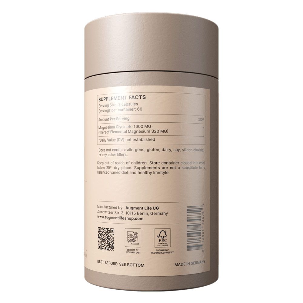 Nährwertangaben auf einer runden Dose: Magnesiumglycinat 1600 mg, 60 Kapseln.