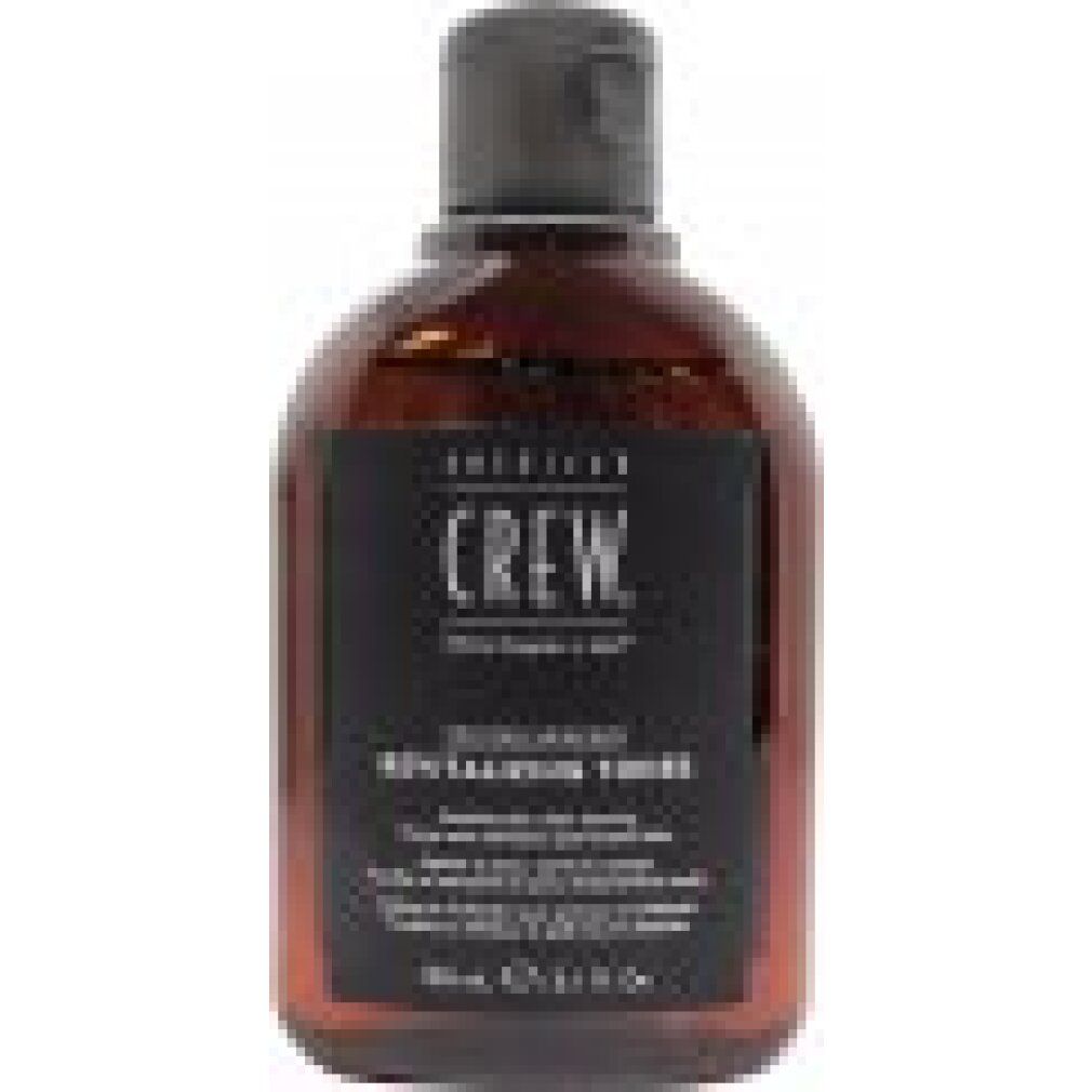 Braune Flasche mit schwarzem Deckel. Aufschrift: AMERICAN CREW, Revitalizing Toner. Text in mehreren Sprachen. 150 ml.