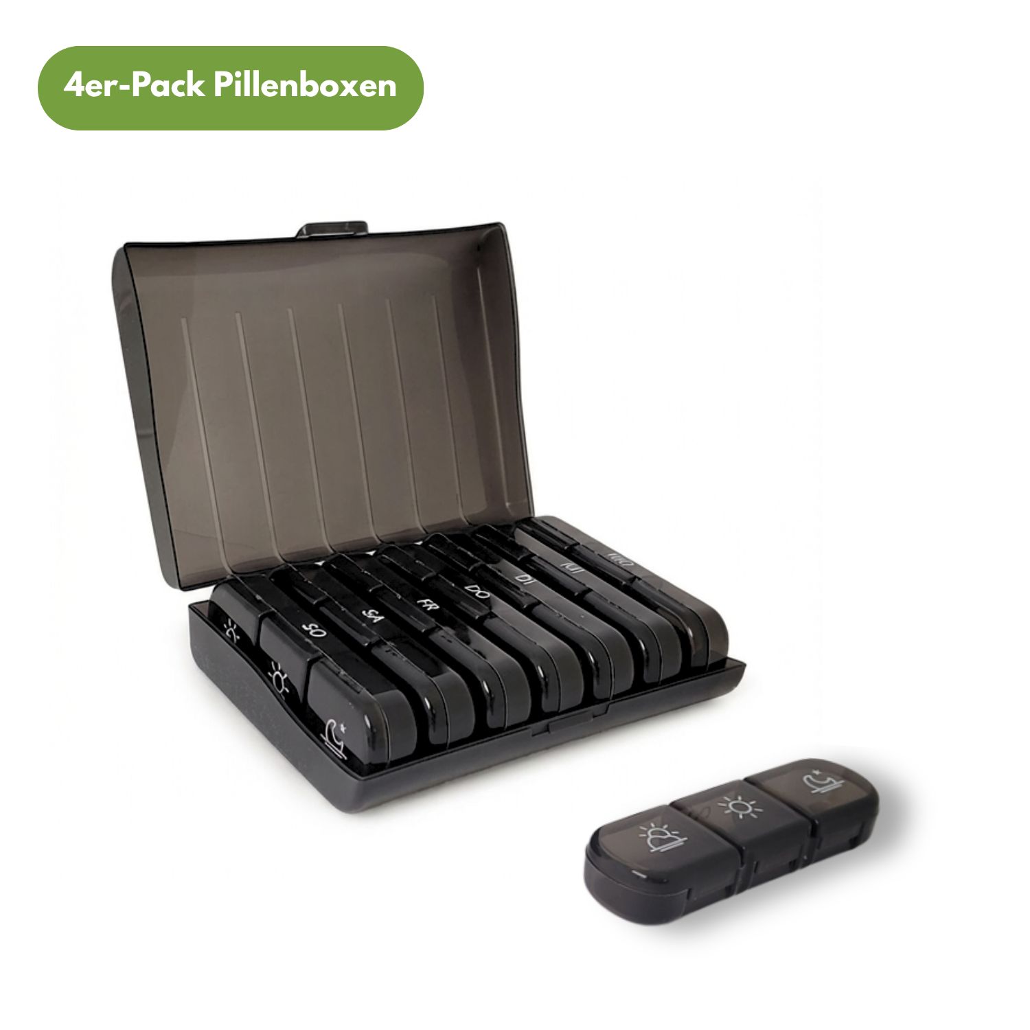 Schwarze Tablettenbox, geöffnet, mit sieben separaten Fächern. Ein einzelnes Fach daneben. Aufschrift: 4er-Pack Pillenboxen.