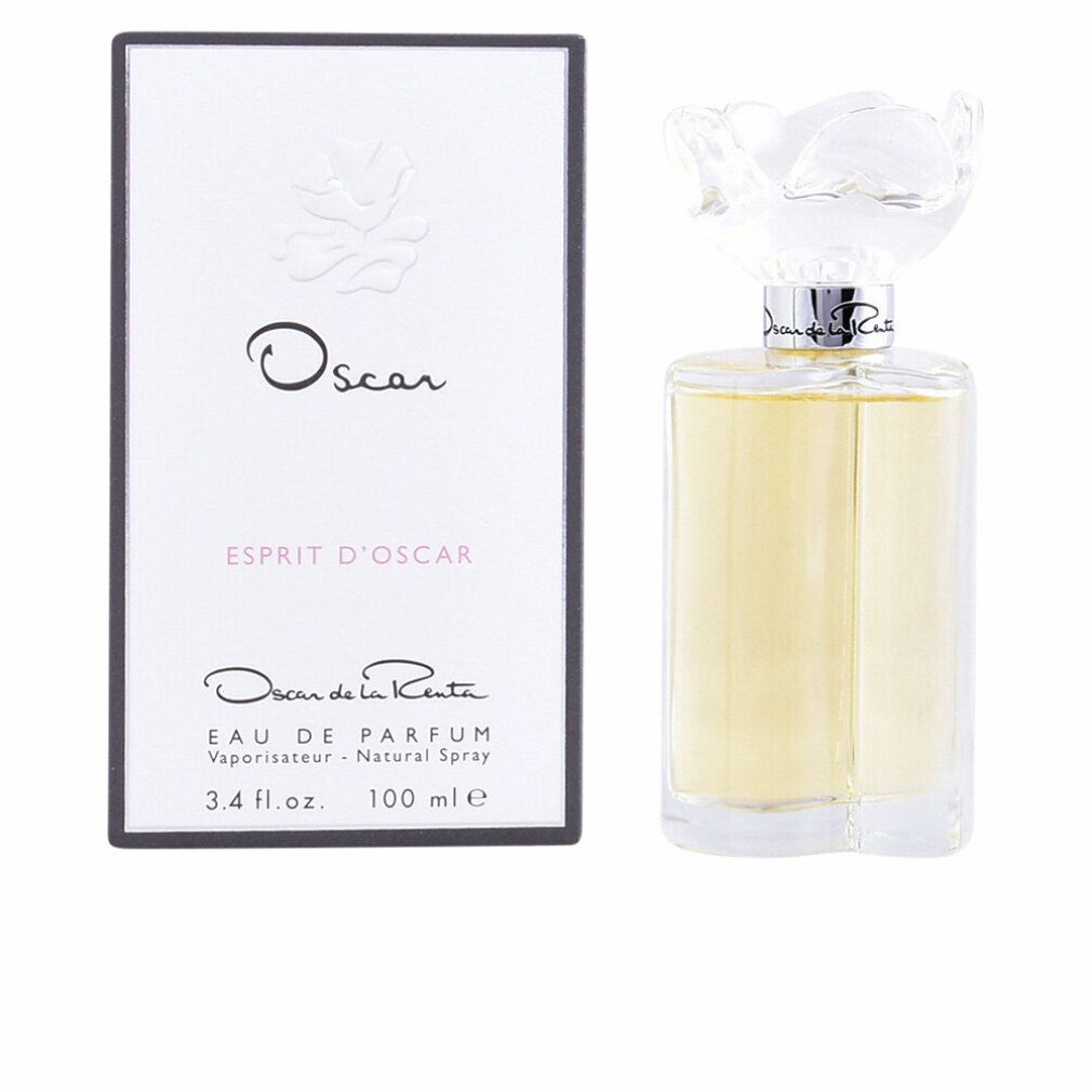 Parfümflakon mit Blumendeckel und Karton. Aufschrift: Oscar, Esprit d'Oscar, Eau de Parfum, 100 ml.