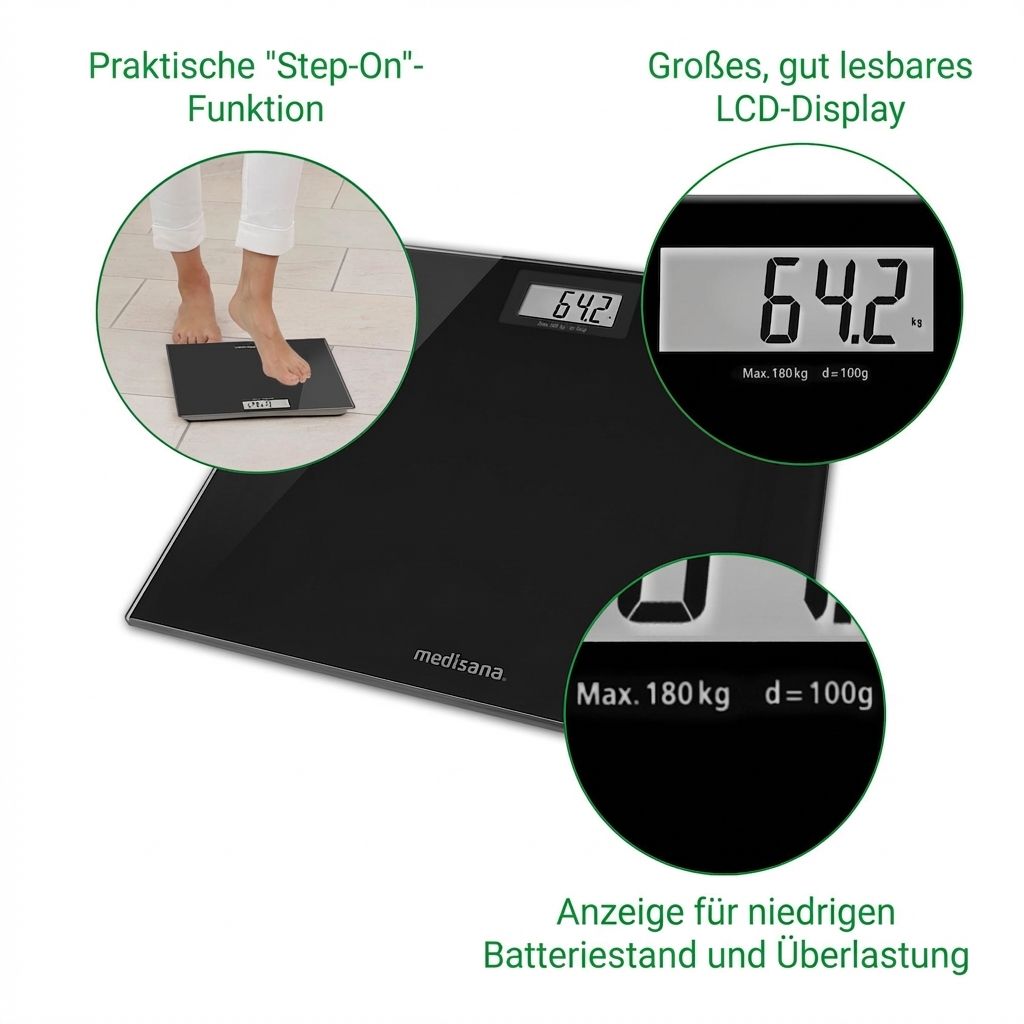 Schwarze Glas Personenwaage mit LCD-Display (64.2). Max. 180 kg, d=100g. "Step-On"-Funktion.
