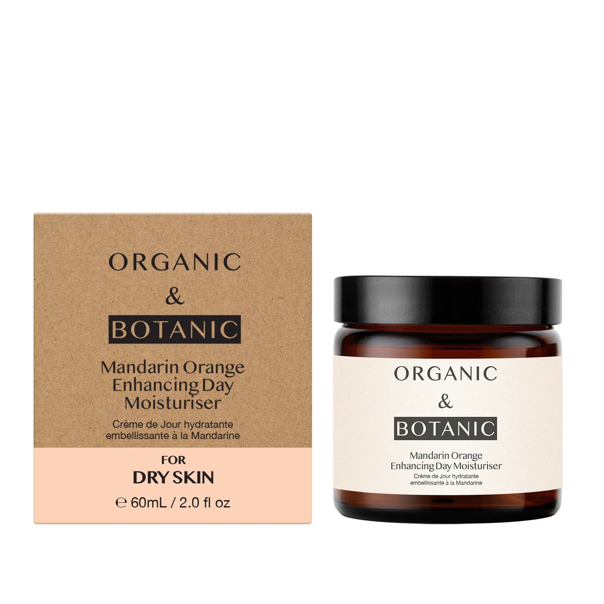 Produkt und Verpackung. Dose und Karton. Aufschrift: ORGANIC & BOTANIC, Mandarin Orange Enhancing Day Moisturiser.