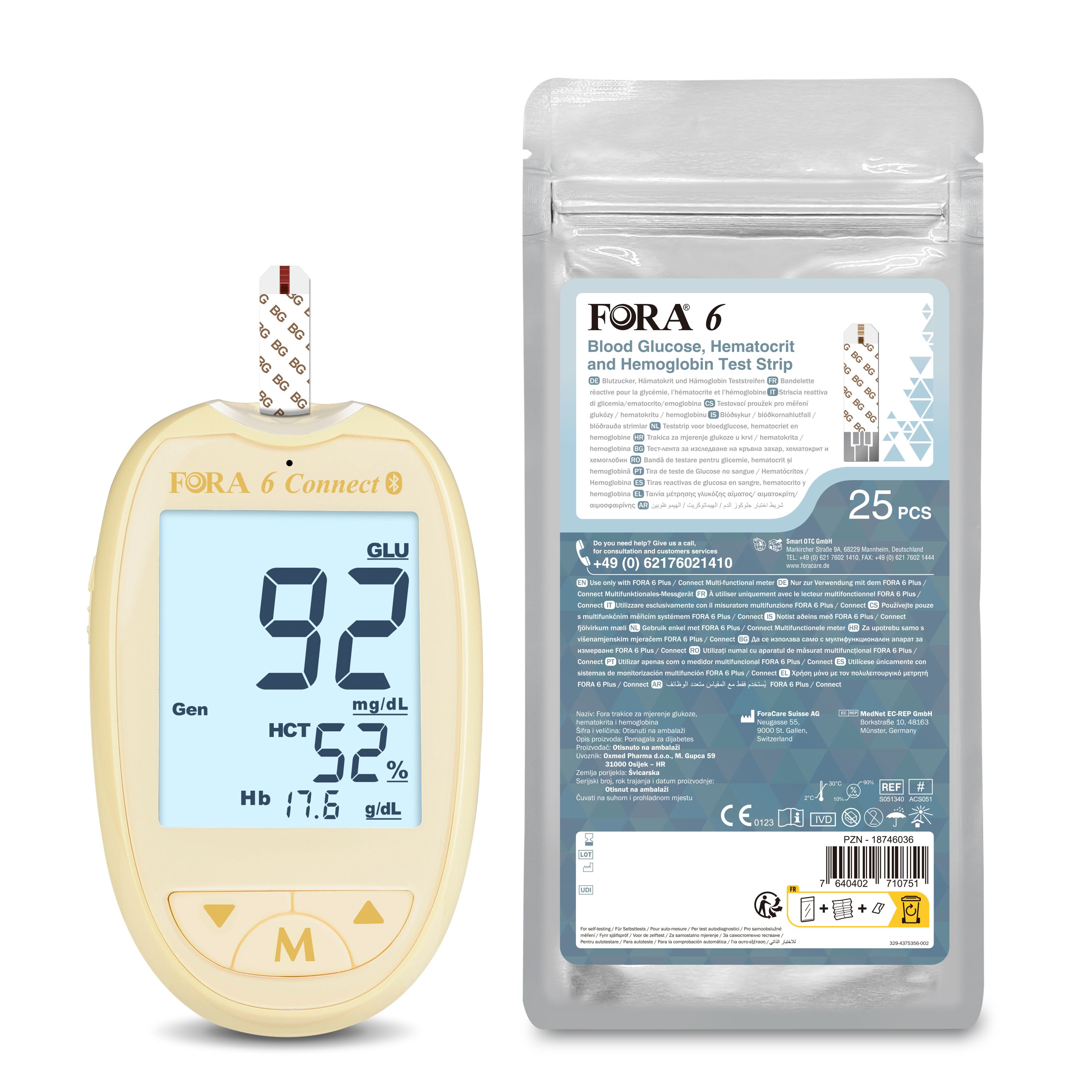 Blutzuckermessgerät mit Display. Zeigt Werte für Glukose, Hämatokrit und Hämoglobin. Teststreifen und Verpackung mit 25 Stück.