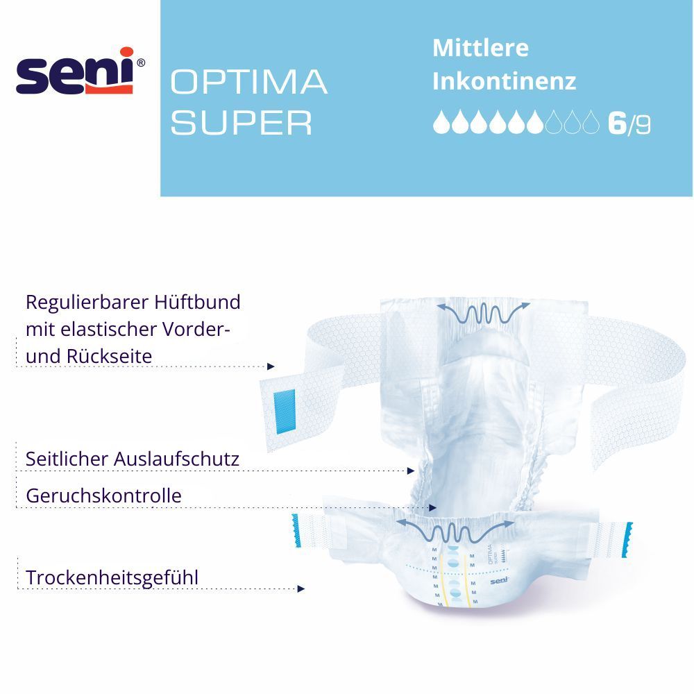 Seni Optima Super. Produkt mit elastischem Hüftbund. Seitlicher Auslaufschutz. Geruchskontrolle. Trockenheitsgefühl. Mittlere Inkontinenz 6/9.