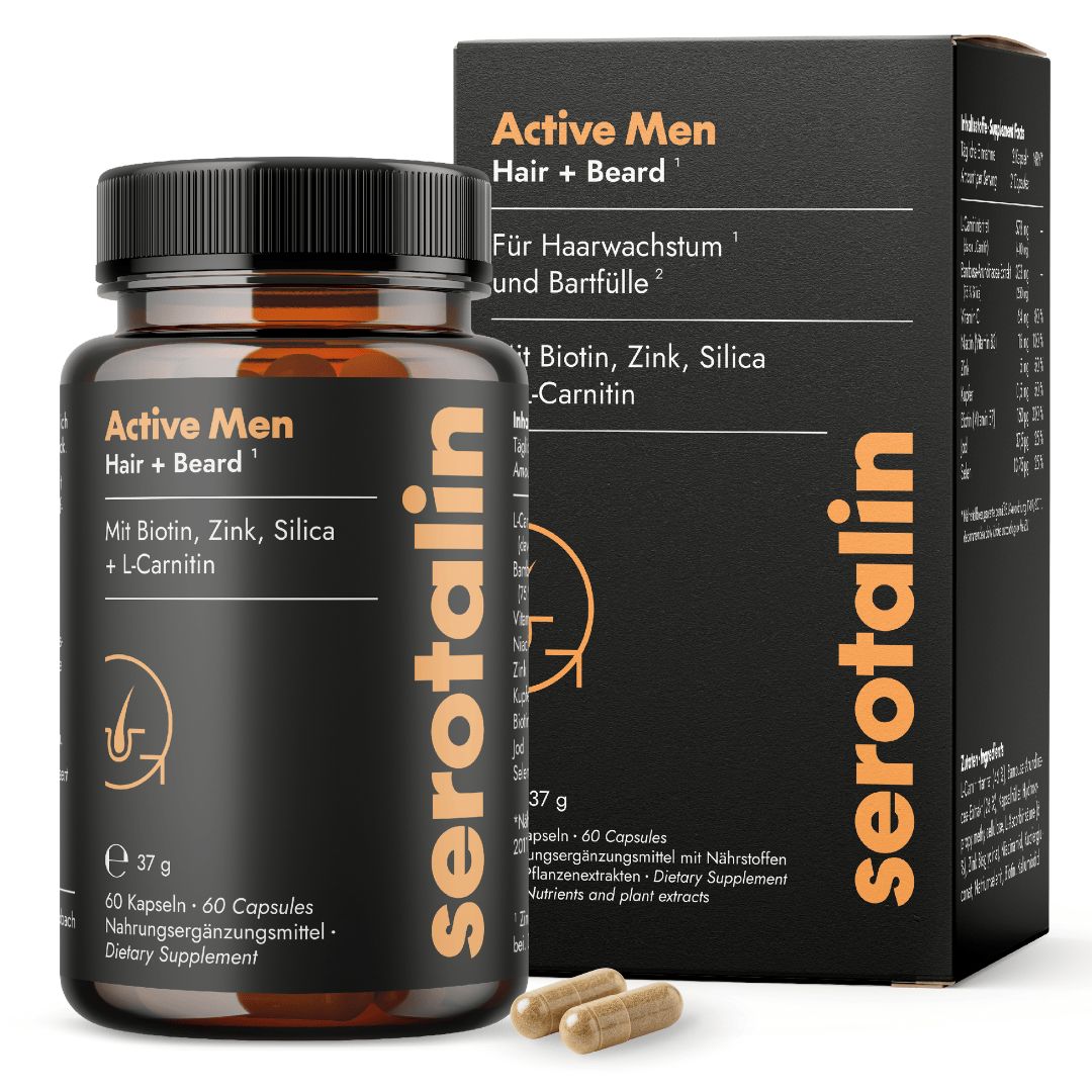 Braune Kapsel-Dose und Schachtel. Aufschrift: Active Men Hair + Beard, serotalin. Enthält Biotin, Zink, Silica, L-Carnitin.