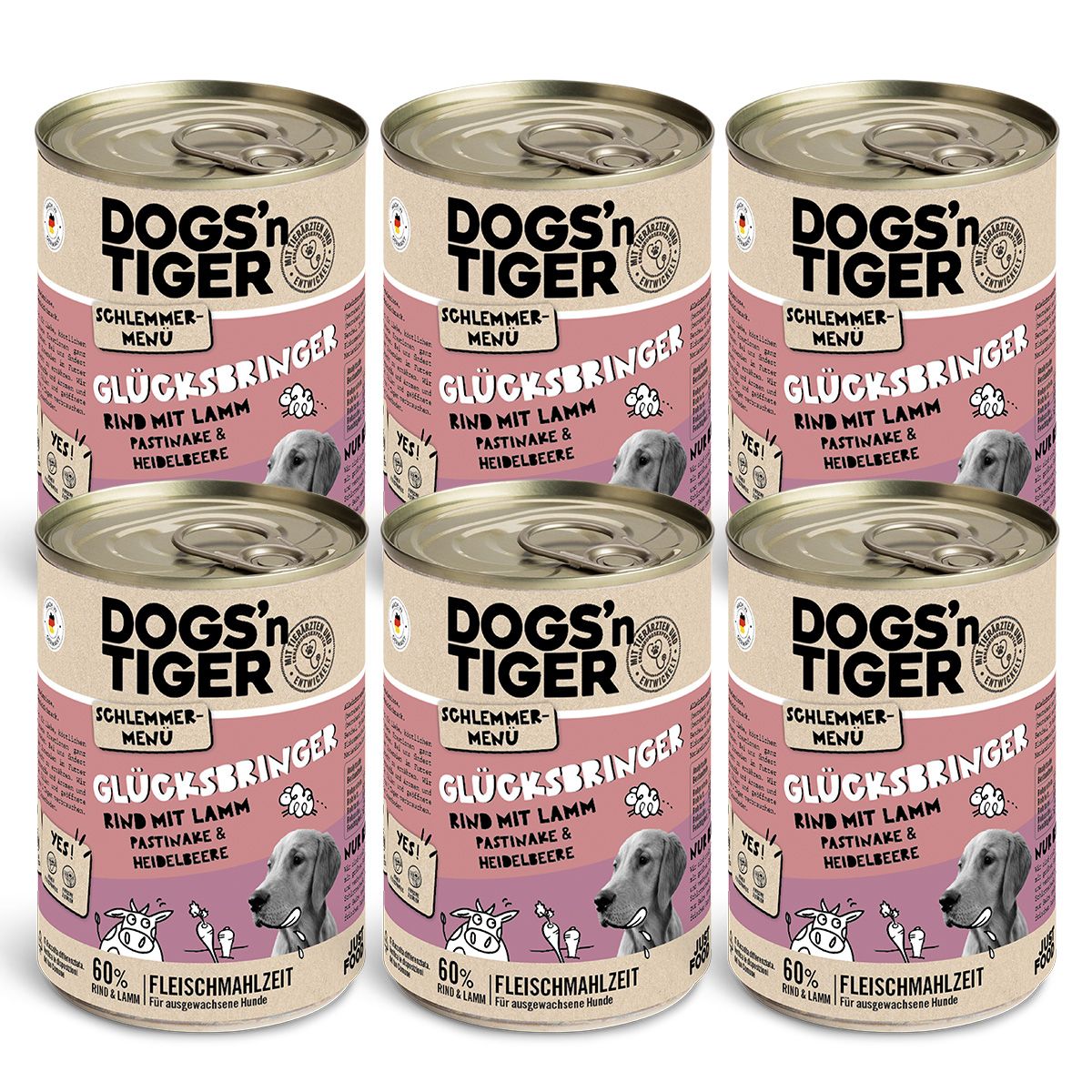 Sechs Dosen Hundefutter. Aufschrift: DOGS'N TIGER, Glücksbringer, Rind mit Lamm, Pastinake & Heidelbeere. 60% Fleischmahlzeit.