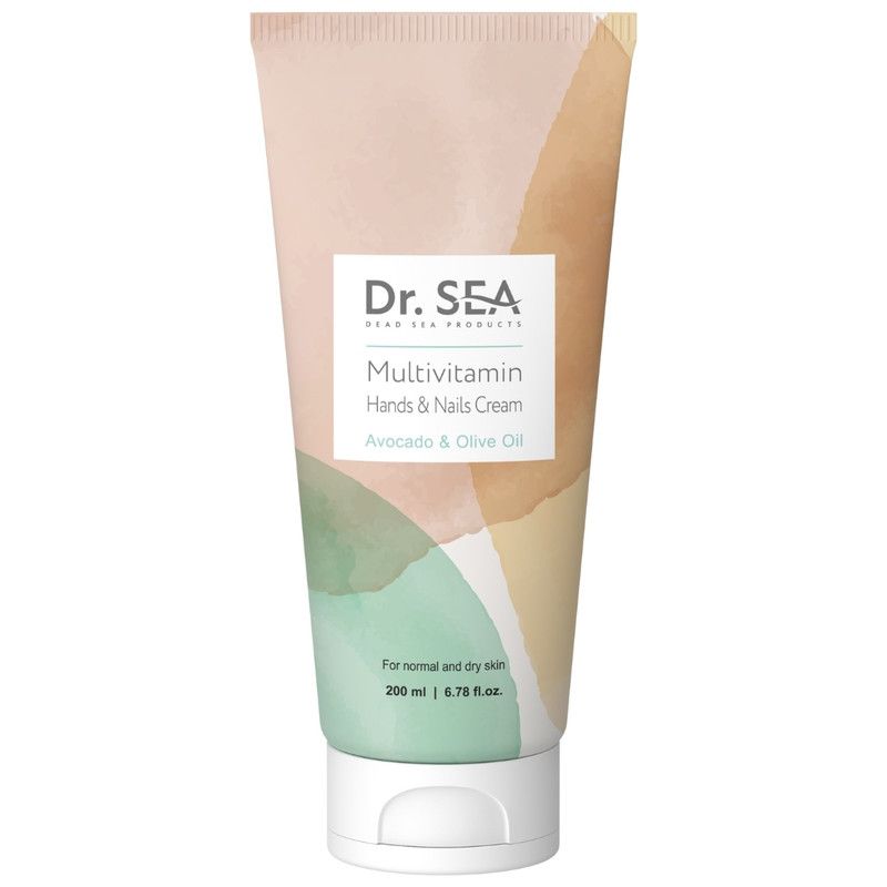 Creme-Tube mit Aufdruck. Dr. Sea Multivitamin Hand- & Nagelcreme. Avocado & Olivenöl. Für normale und trockene Haut.