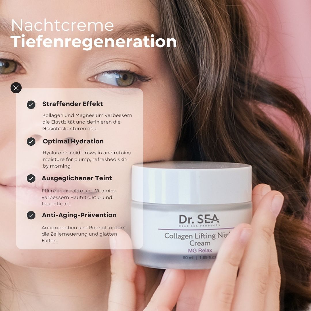 Frau mit Creme-Glas. Text: Straffender Effekt, optimale Hydratation, ausgeglichener Teint, Anti-Aging-Prävention. Auf dem Glas steht: Dr. SEA Collagen Lifting Night Cream.