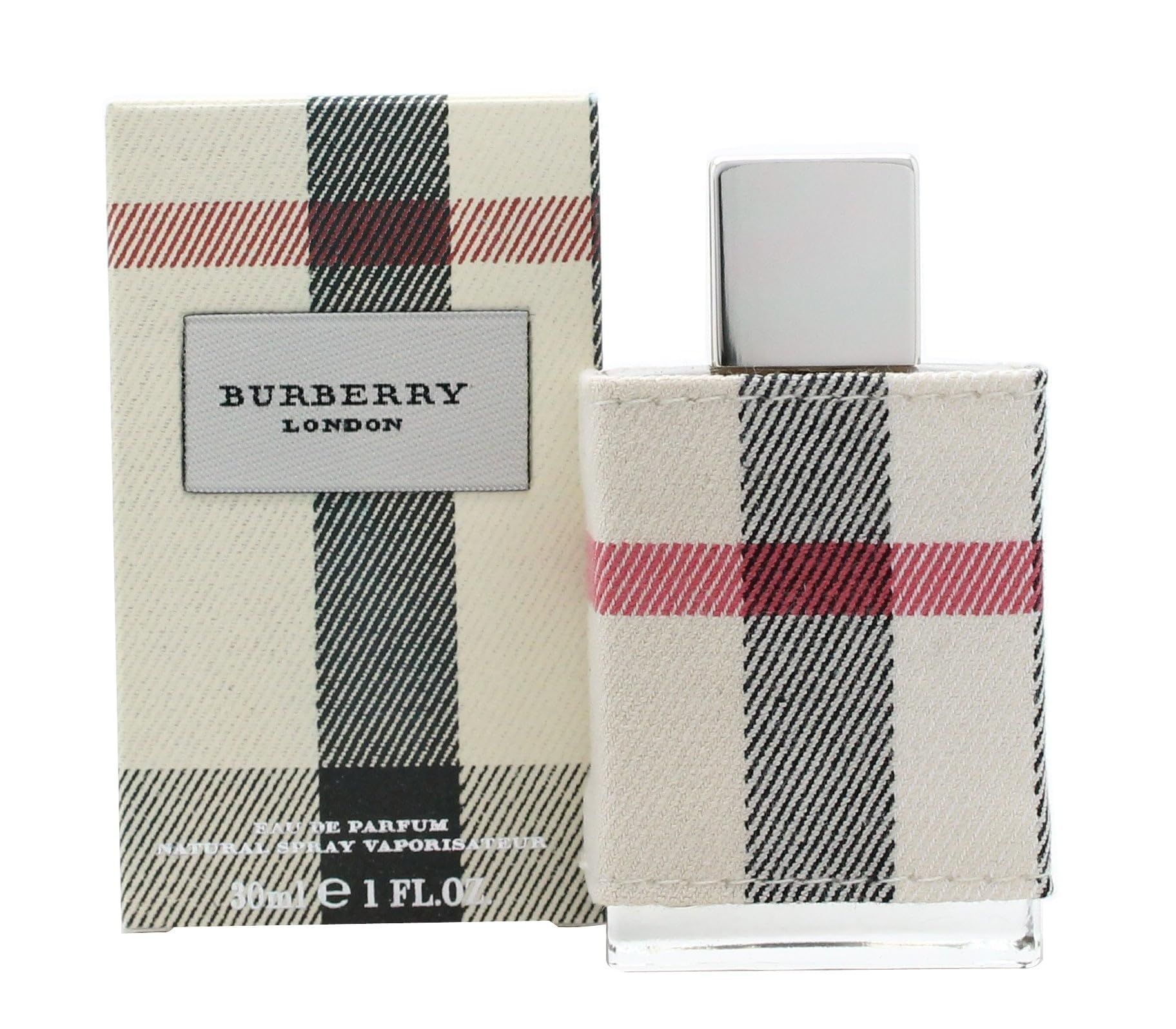 Burberry London Eau de Parfum und Box. Beige kariert. Flakon und Box nebeneinander. 30ml.