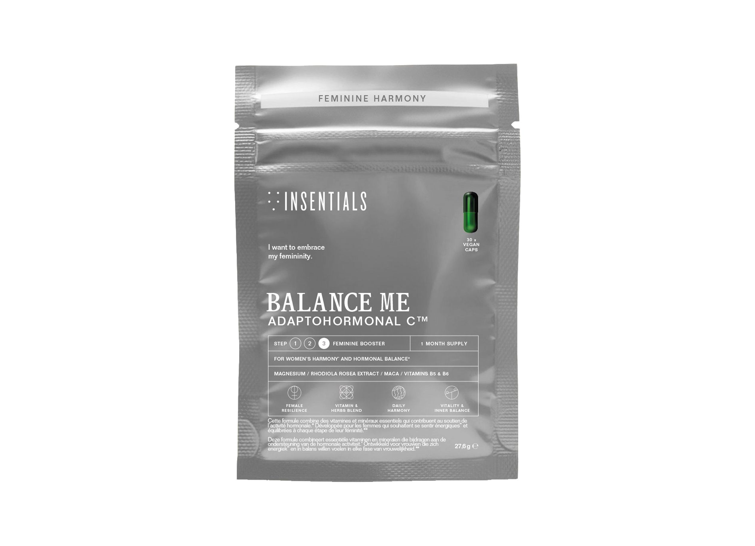 Silberne Verpackung mit der Aufschrift 'BALANCE ME ADAPTOHORMONAL C'. Eine grüne Kapsel ist sichtbar.