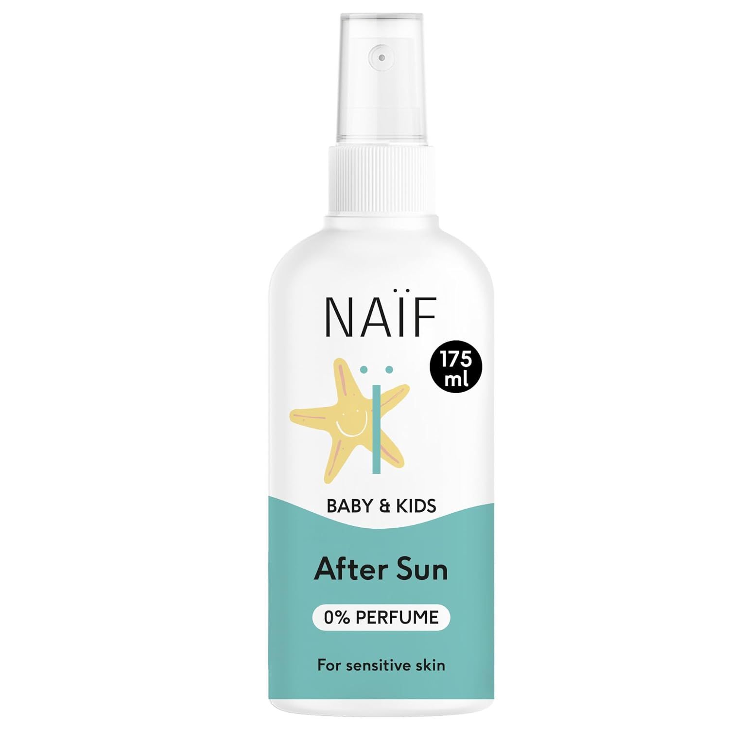 Weiße Sprühflasche mit Naïf-Logo, 175 ml. Baby & Kids After Sun. 0% Parfum. Für empfindliche Haut.