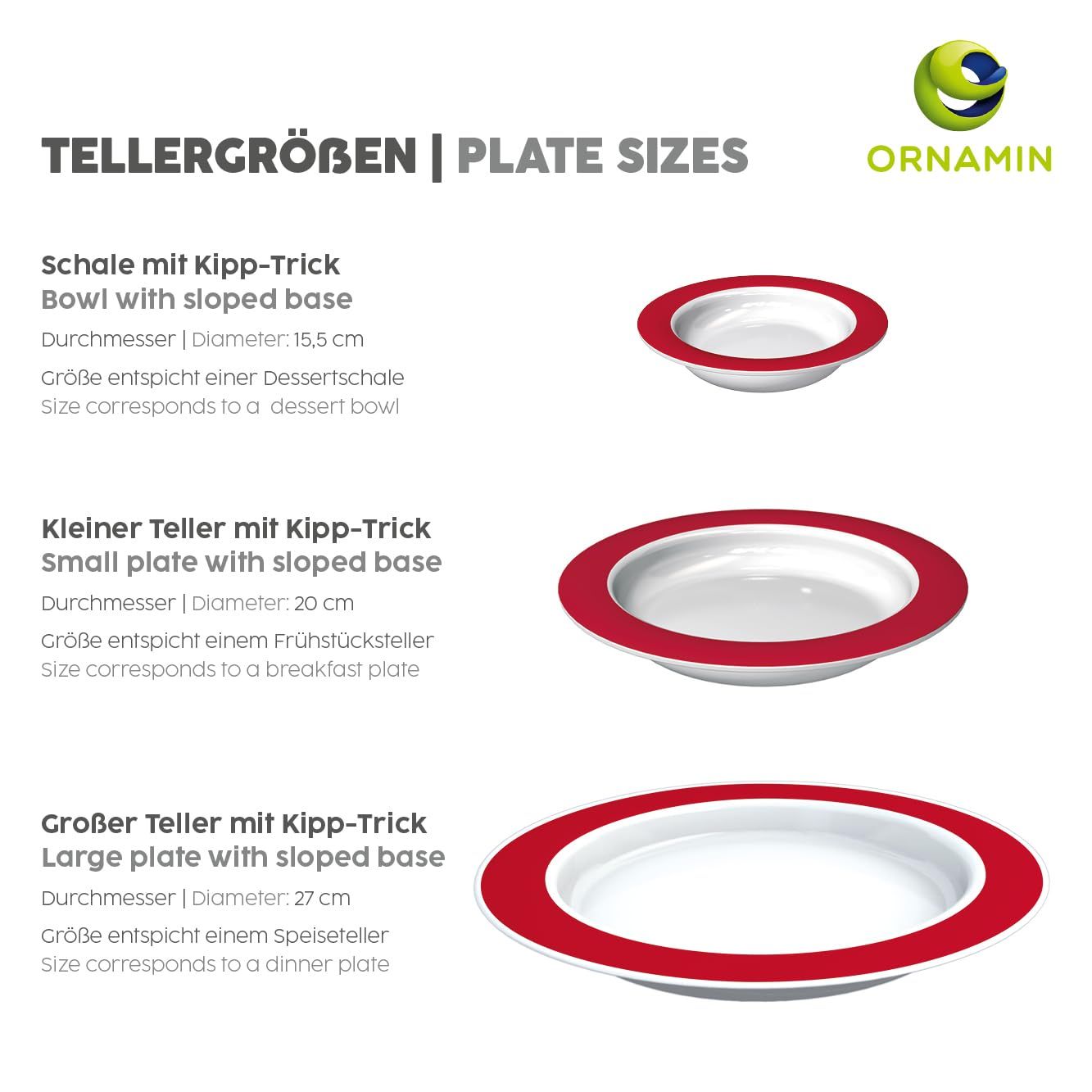 Drei Tellergrößen mit rotem Rand. Text: Tellergrößen | Plate Sizes. Marke ORNAMIN.