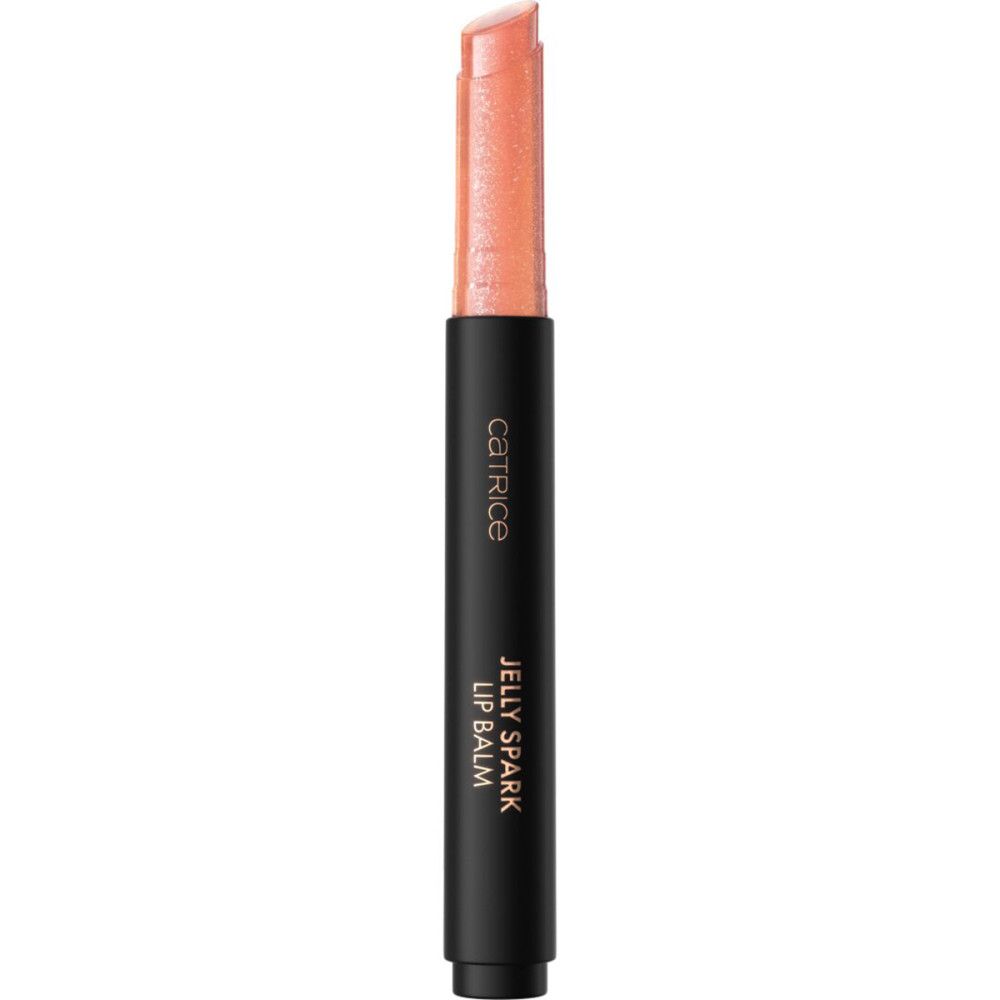 Catrice Jelly Spark Lip Balm. Schwarzer Stift mit rosafarbenem Balm. Transparente Kappe. Marke und Produktname auf dem Stift.