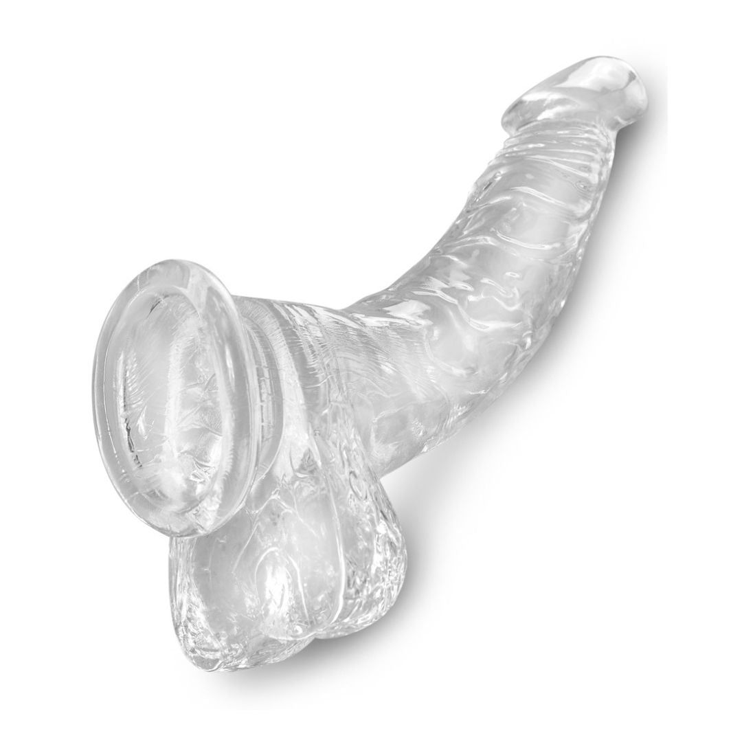 Klarer, realistischer Dildo mit Saugnapf. Gebogene Form, detaillierte Oberfläche. Schräge Ansicht.