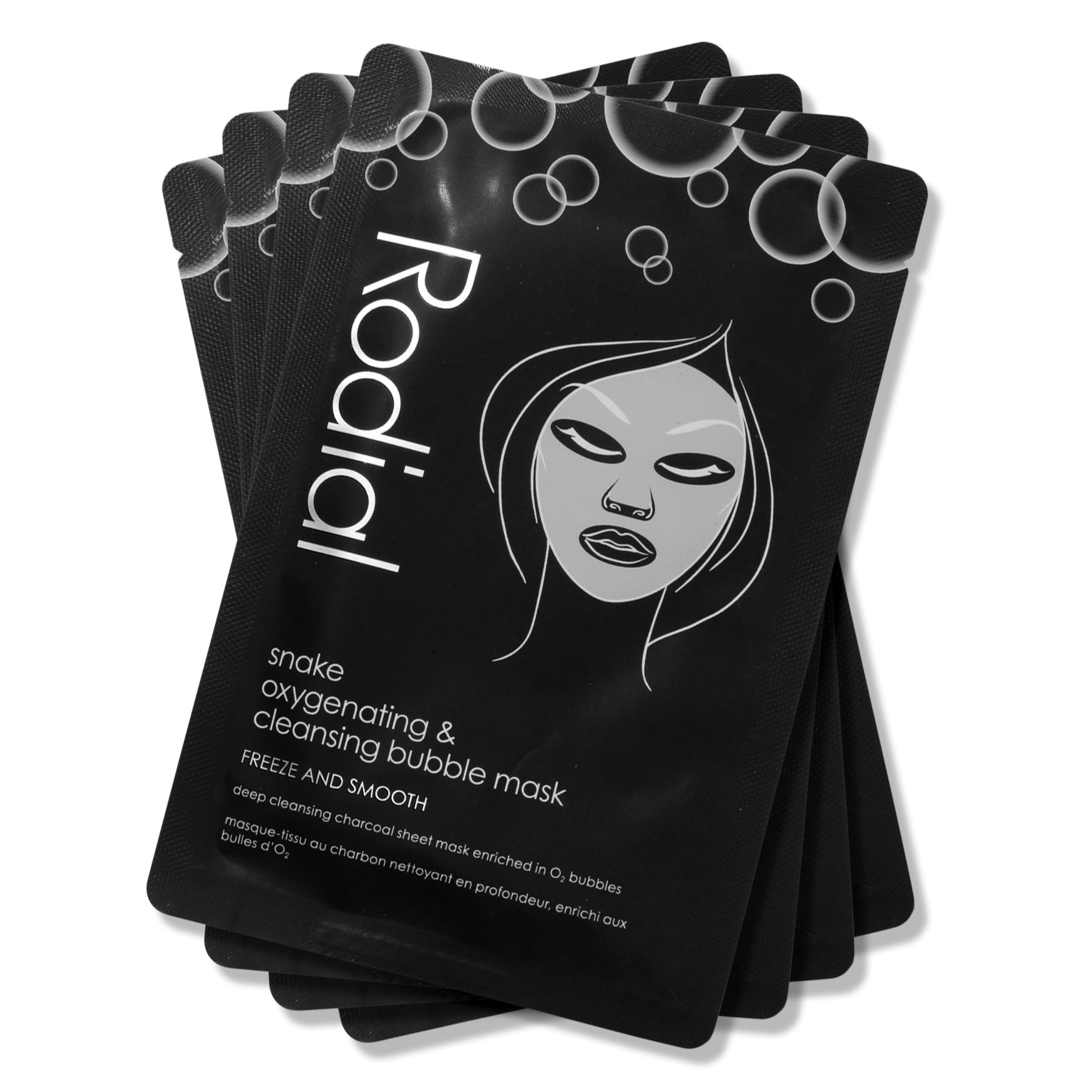 Mehrere schwarze Produktverpackungen. Aufdruck: Rodial, Gesichtsmaske mit Text und Illustration. Sauerstoffanreicherung und Reinigung.
