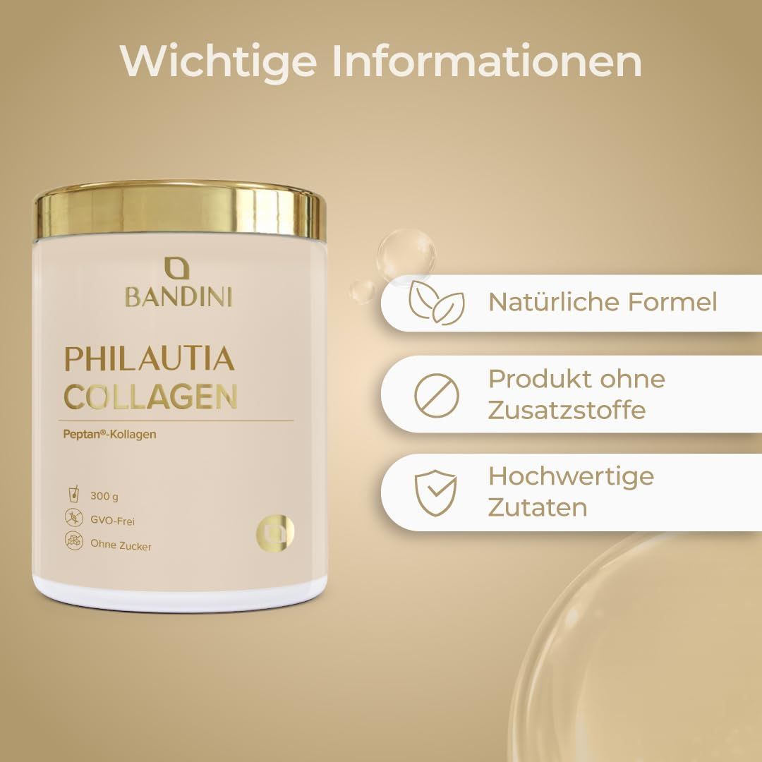 Ein Becher 'BANDINI PHILAUTIA COLLAGEN' mit Informationen wie 'Produkt ohne Zusatzstoffe'.