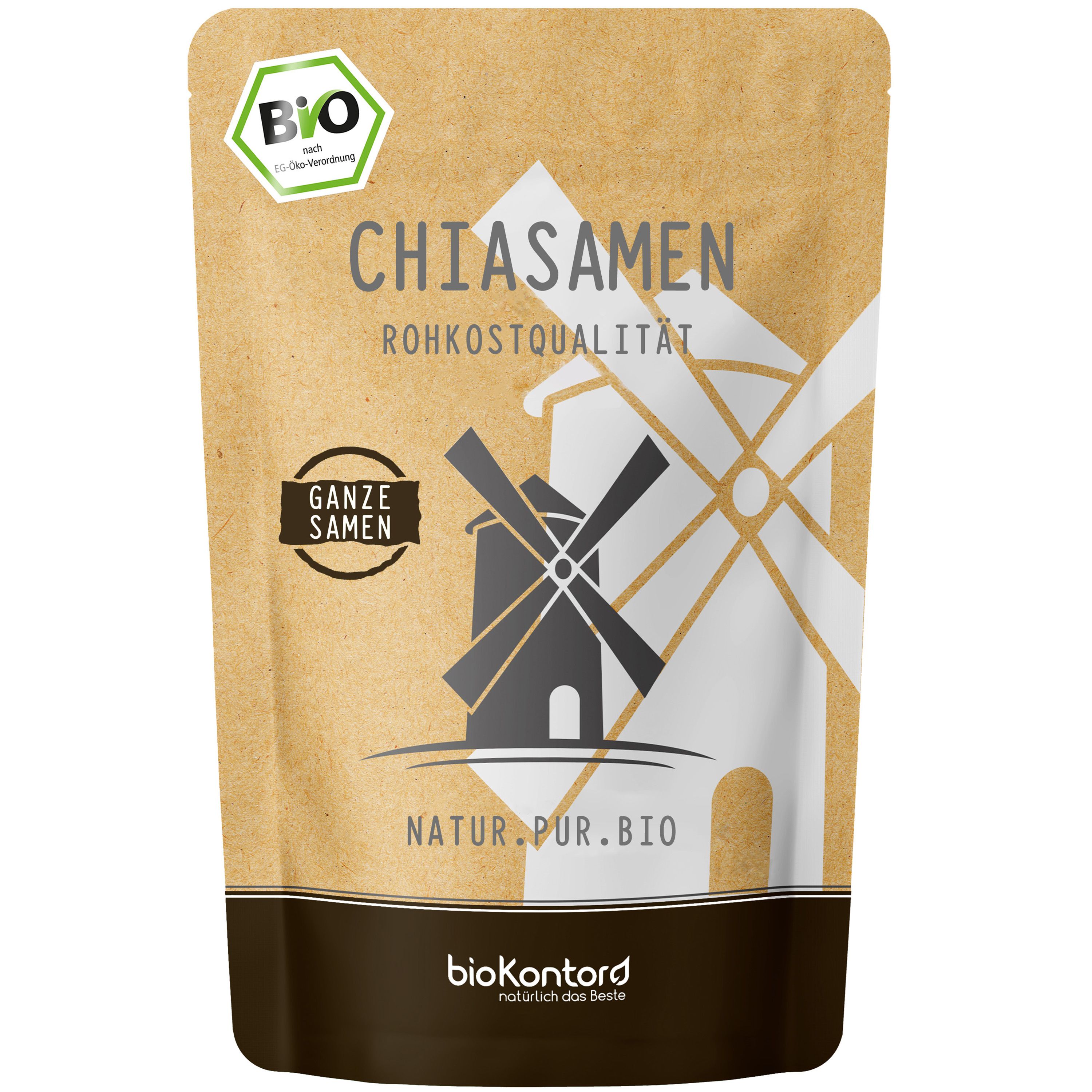 Bio Chiasamen in Rohkostqualität, ganze Samen, in brauner Papiertüte mit Windmühlen-Design.