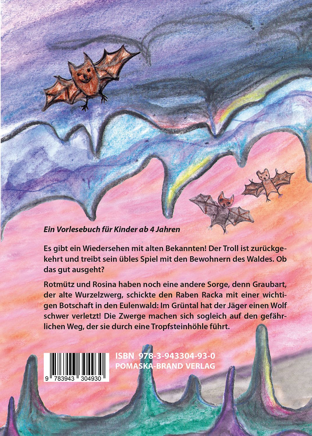 Rückseite des Buches "Rotmütz der Zwerg". Textabschnitte, ISBN-Code, Illustrationen von Fledermäusen und einer Tropfsteinhöhle.