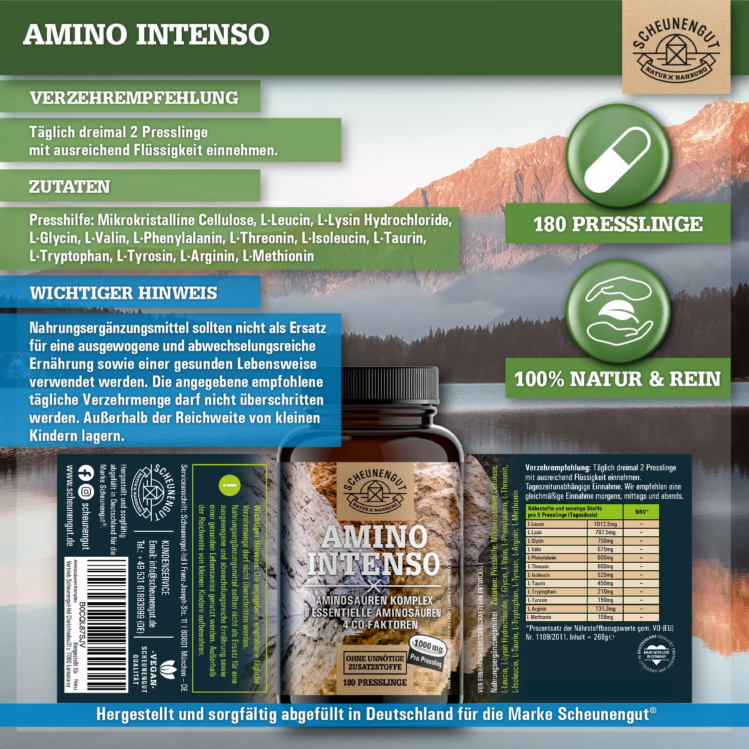 Produktverpackung mit Flasche und Beipackzettel. Text: Amino Intenso, 180 Presslinge, 100% Natur & Rein.