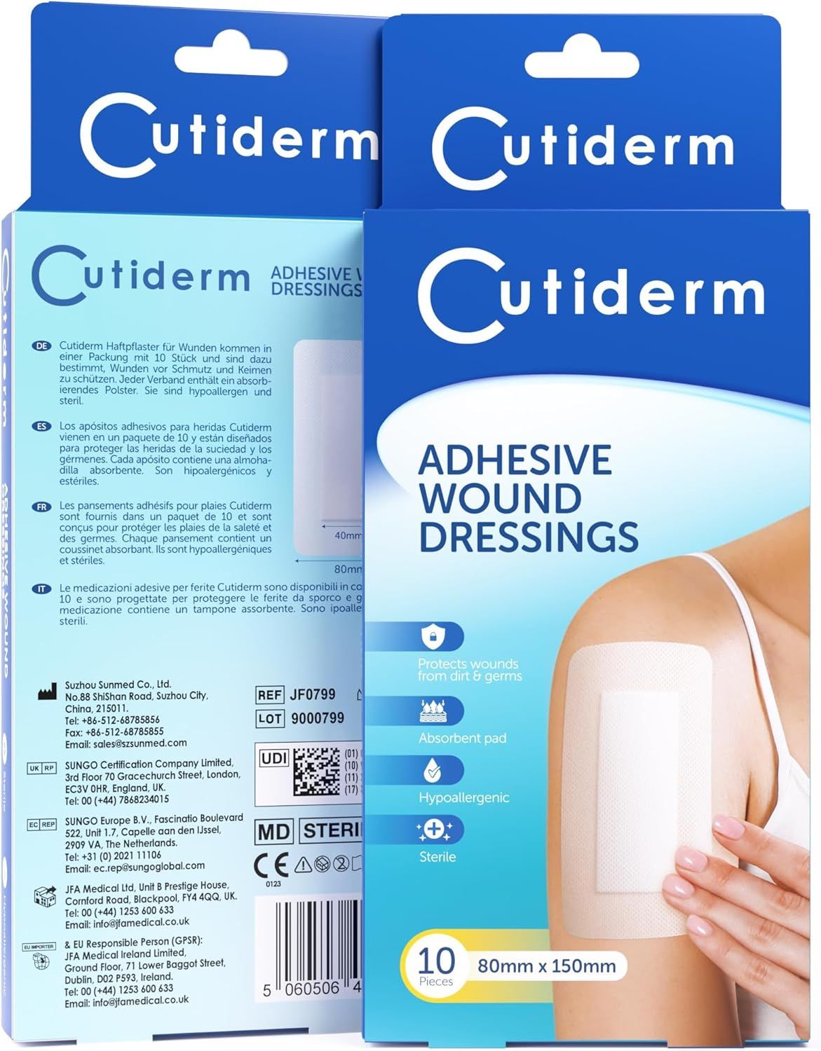 Verpackung Cutiderm Wundverbände, 10 Stück, 80mm x 150mm.