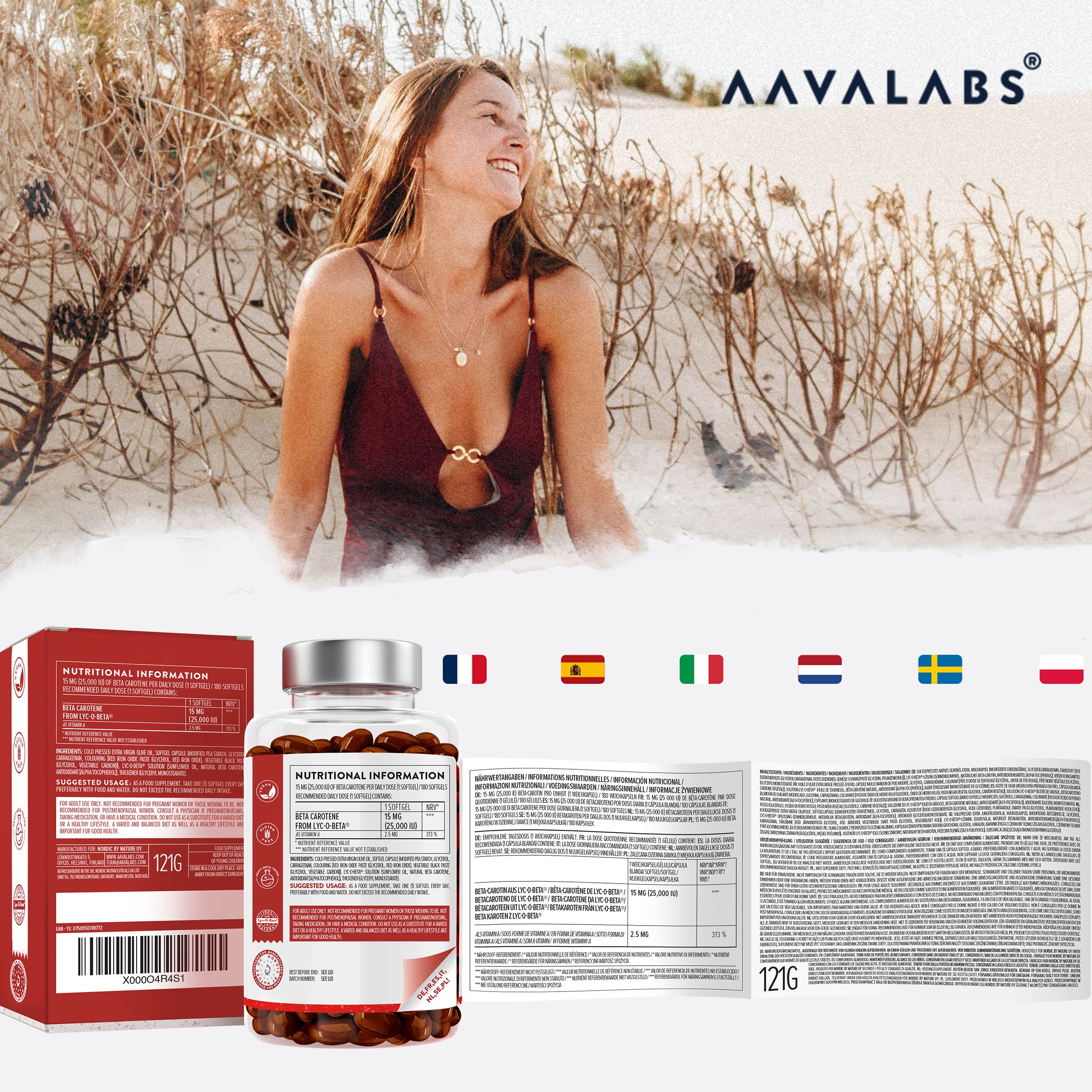 Produktverpackung mit Flasche und Beipackzettel. Frau am Strand. Flaggen: FR, ES, IT, SE, PL.