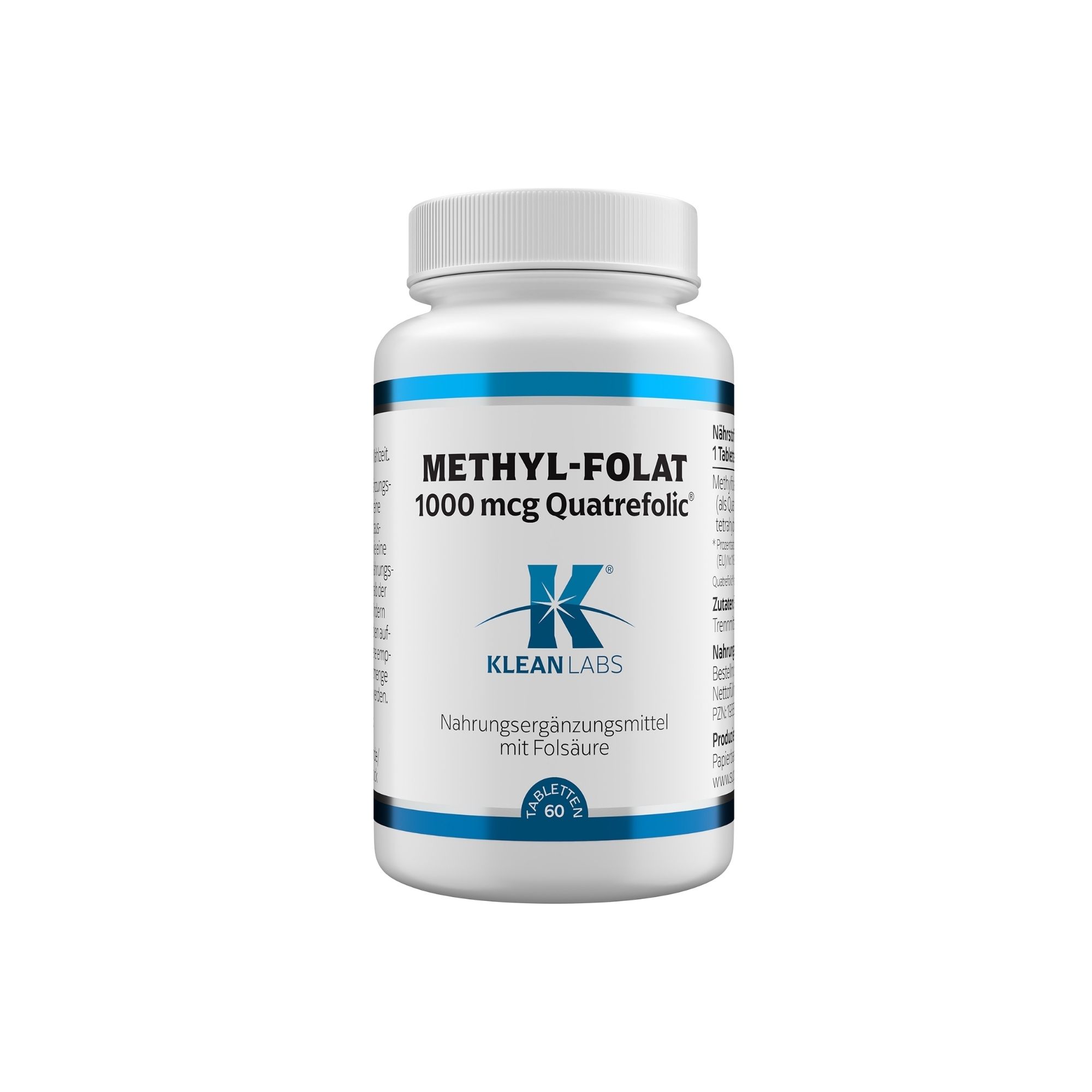 Weiße Flasche mit blauem Streifen. Aufschrift: Methyl-Folat 1000 mcg, Klean Labs Logo. Nahrungsergänzungsmittel mit Folsäure. 60 Tabletten.