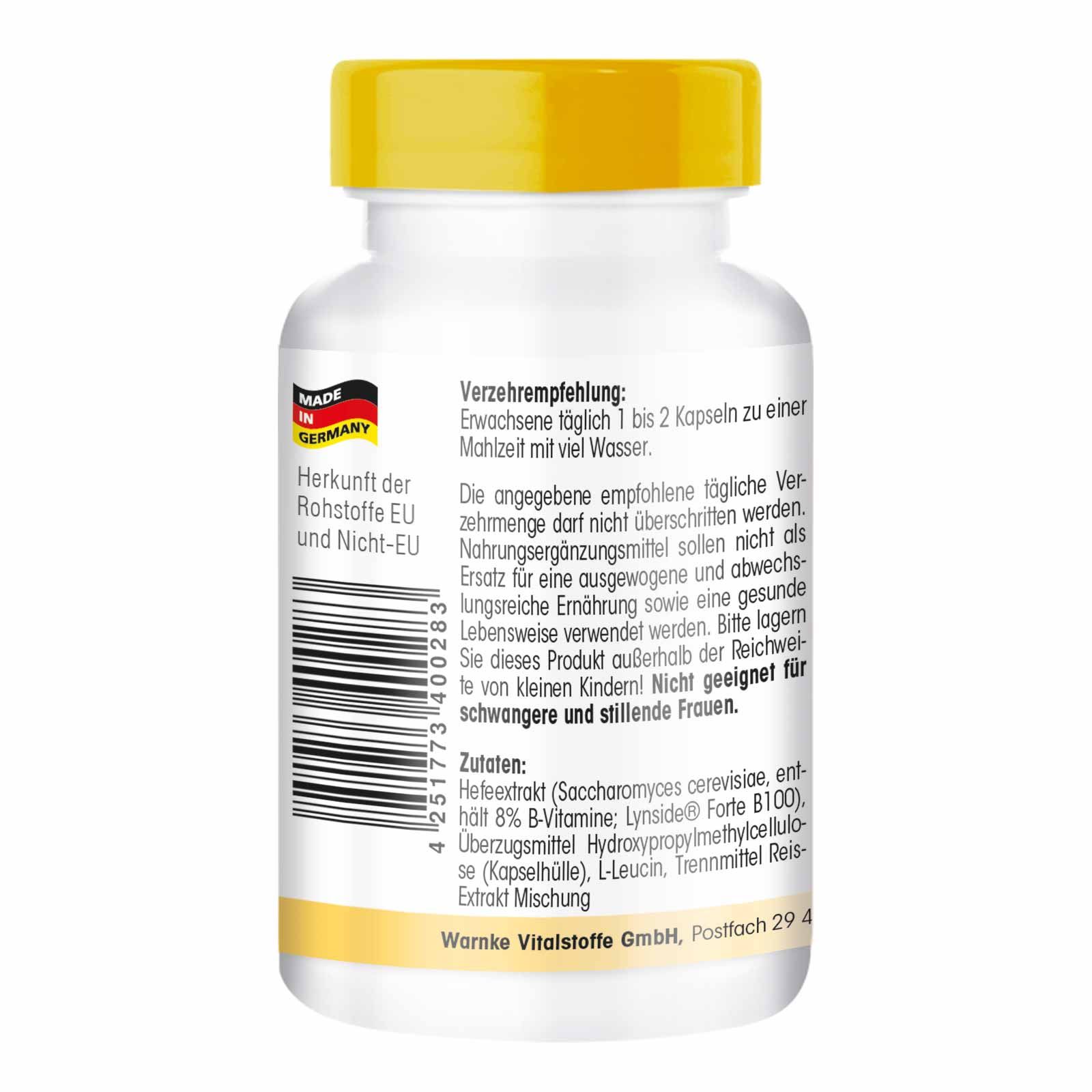 Rückseite der weißen Flasche mit gelbem Deckel. Text: Verzehrempfehlung, Inhaltsstoffe, Herkunft EU und Nicht-EU, Made in Germany, Barcode.